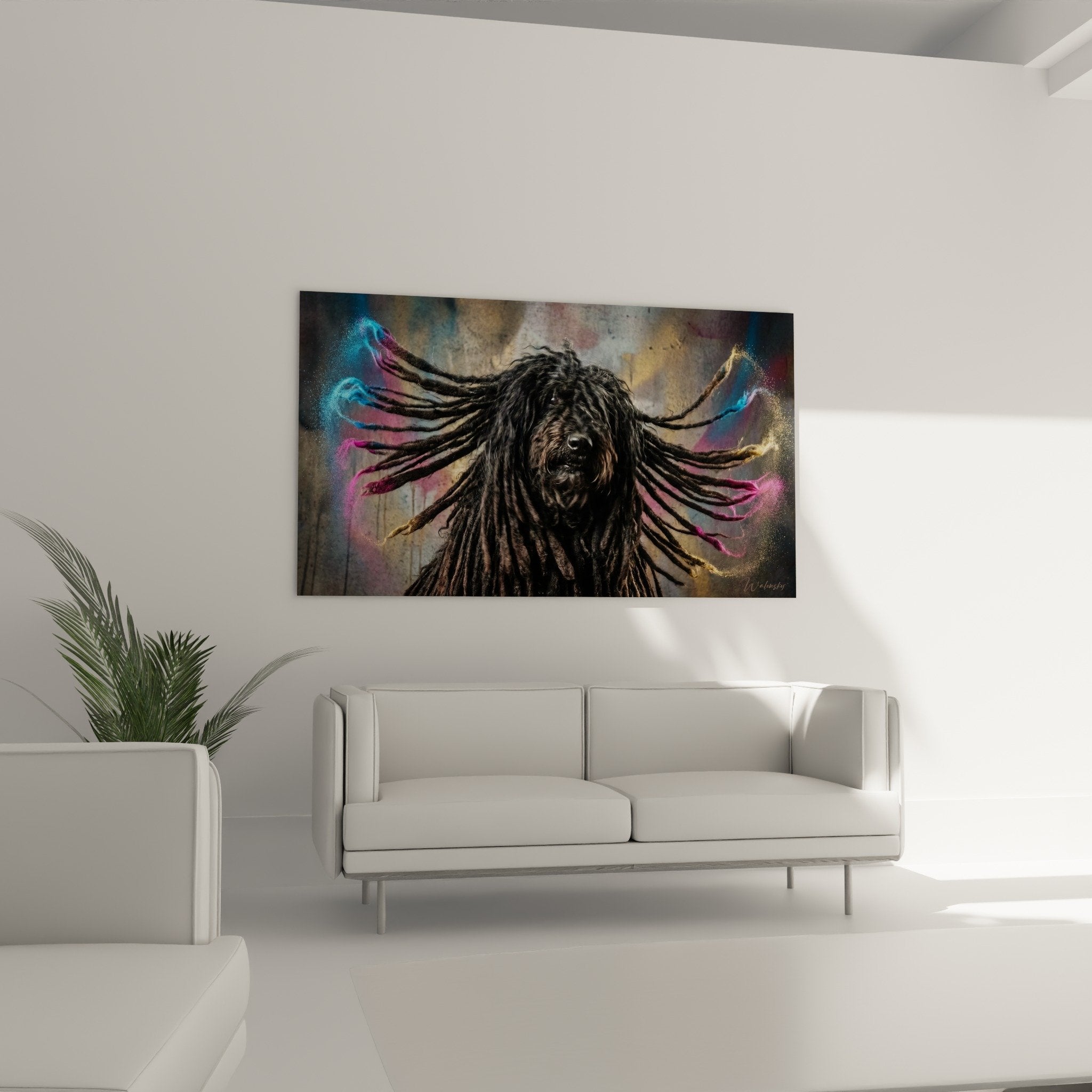 Nahaufnahme Detail Puli Dreadlocks farbige Projektionen blau rosa realistische Fellstruktur Seil
