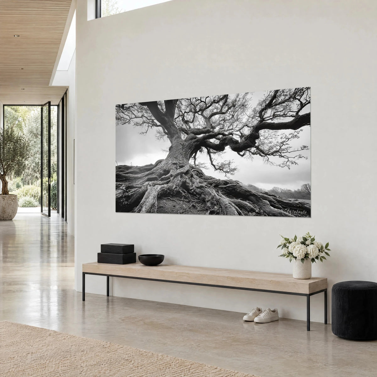 Quadro di un albero nodoso in bianco e nero, tronco corroso color carbone su un cielo grigio chiaro, vista di tre quarti su una parete beige