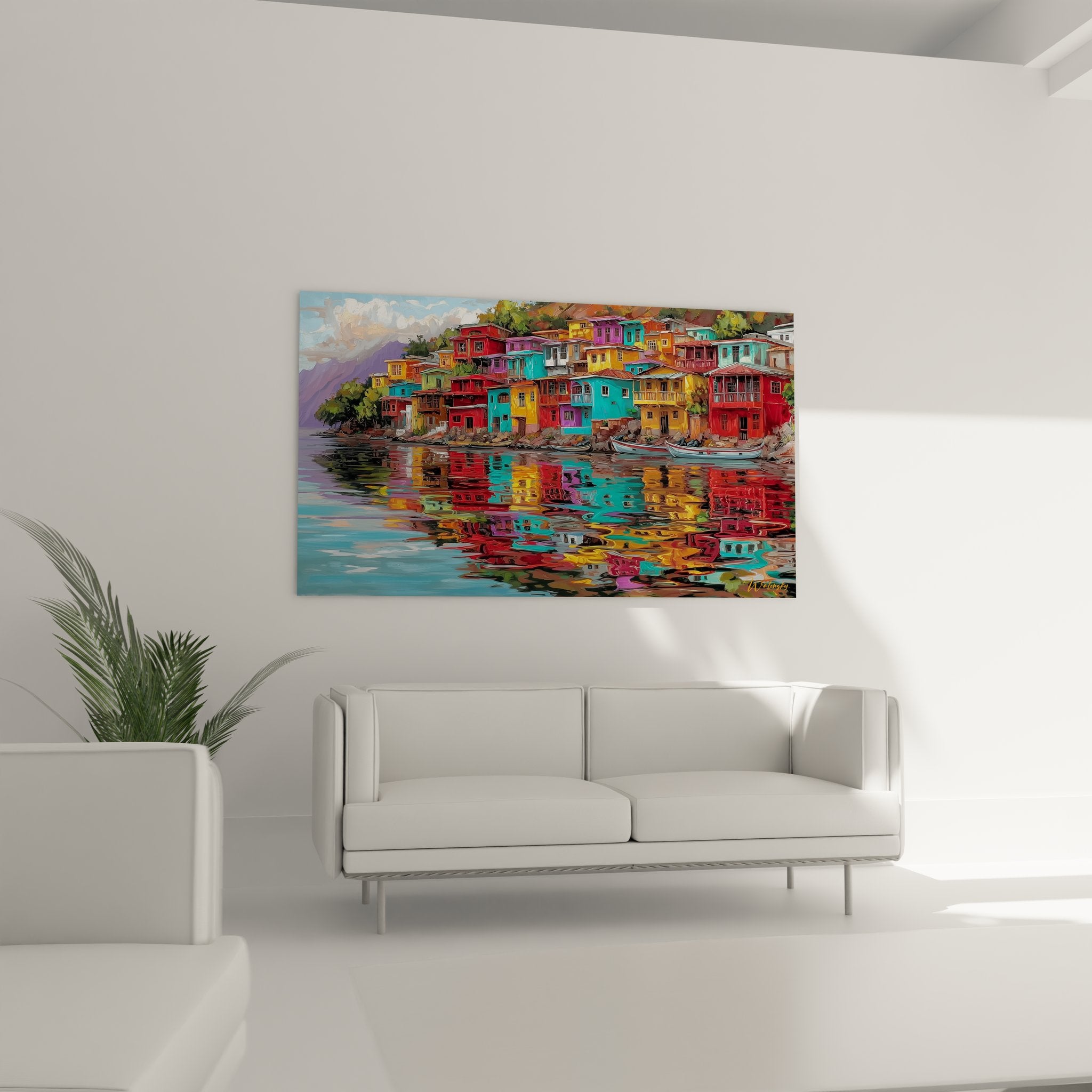 Détail reflets colorés sur lac, maisons pittoresques aux façades éclatantes