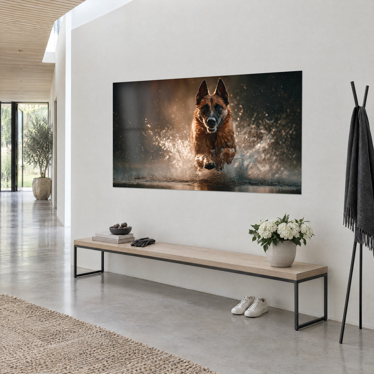 Schilderij van een vosrode herder met donkere snuit die uit zilverkleurig schuim opduikt, witte muur, houten console, driekwartaanzicht
