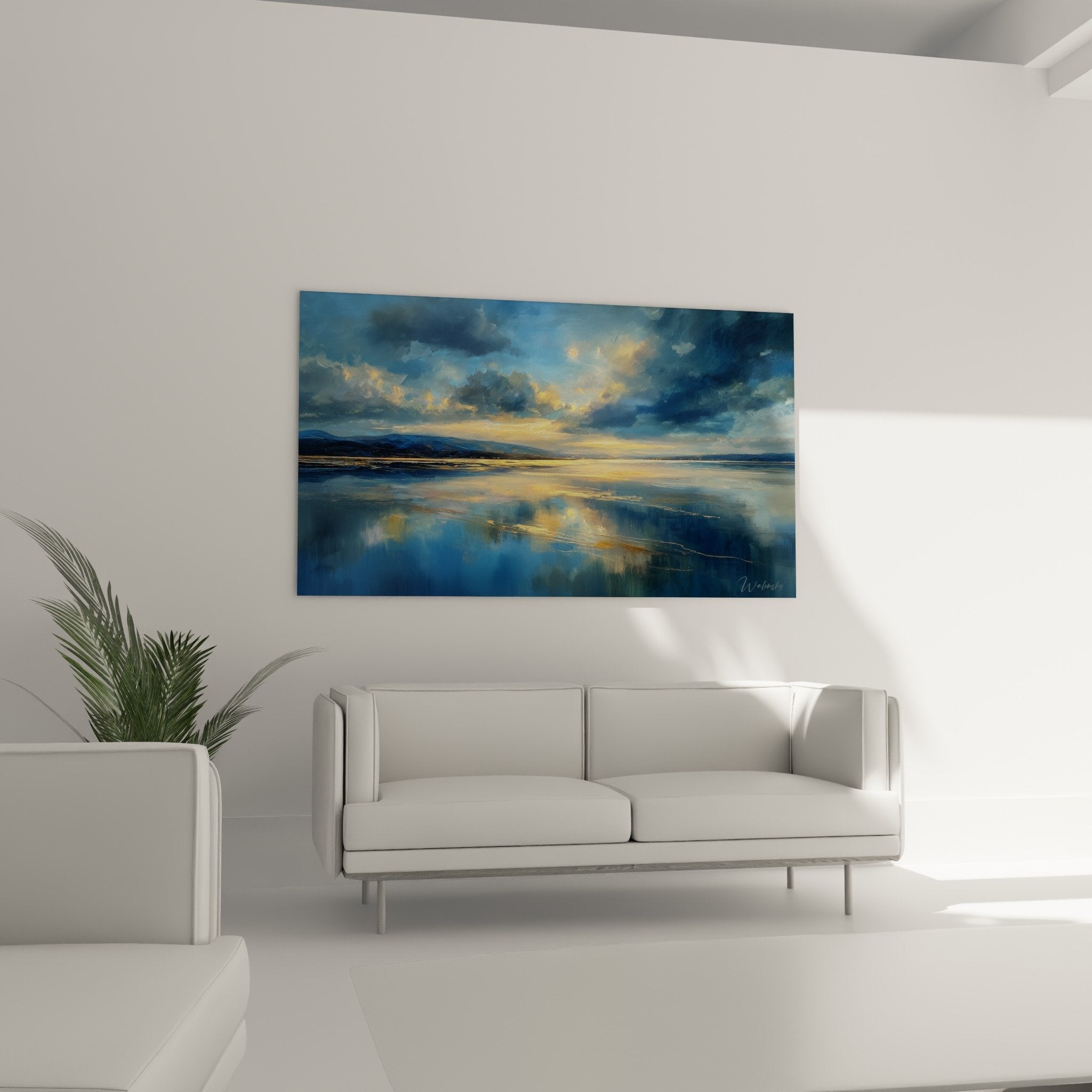 Detail tableau marin reflets dores sur eau technique picturale fluide tons bleus feng shui nord