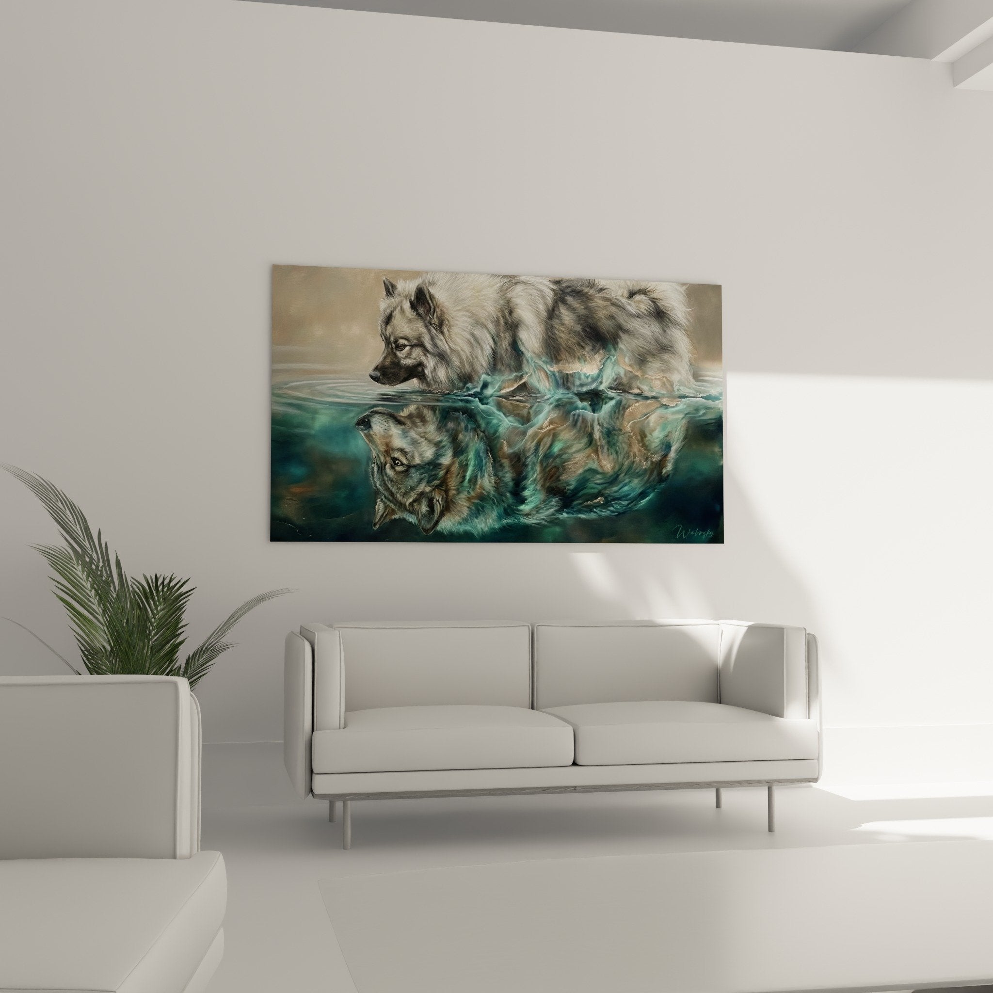 Détail reflets turquoise et ondulations dorées tableau Keeshond immersion mystique