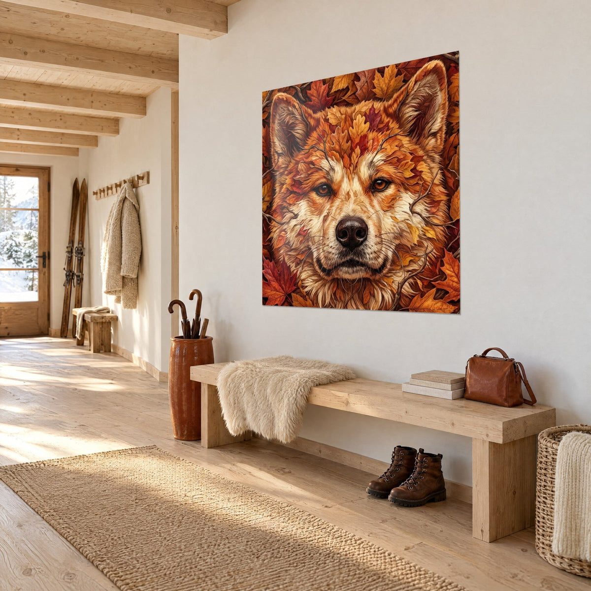 Cuadro retrato de shiba de ojos ámbar rodeado de hojas rojizas y doradas, en tres cuartos en un recibidor de madera clara