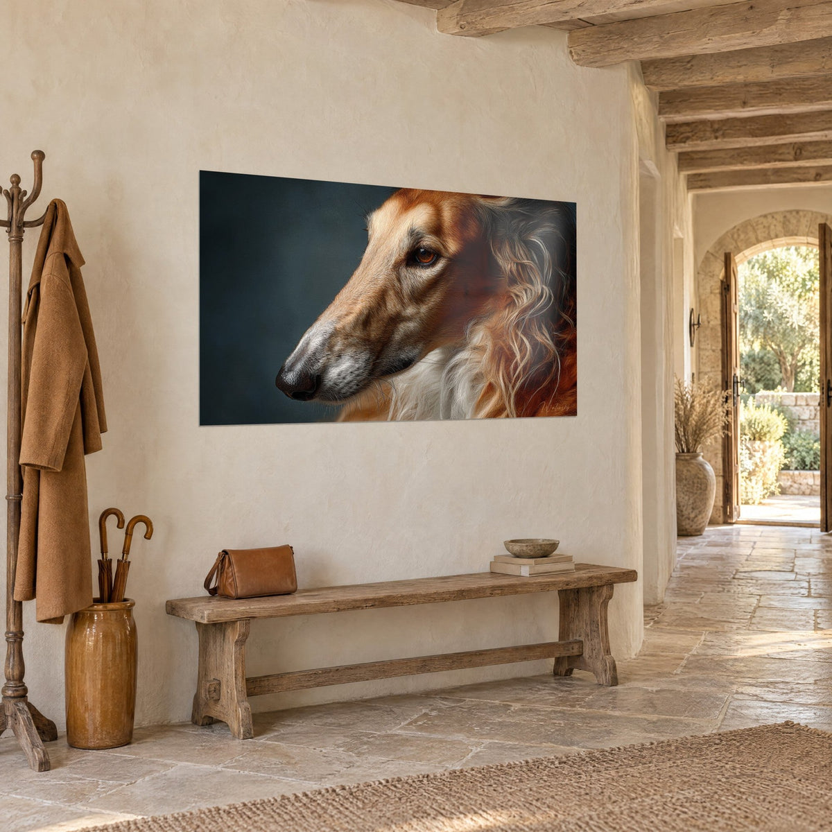 Wall art of a borzoi with a long tapered muzzle, copper coat with ivory streaks on a slate-grey background, hung in a stone entrance hall