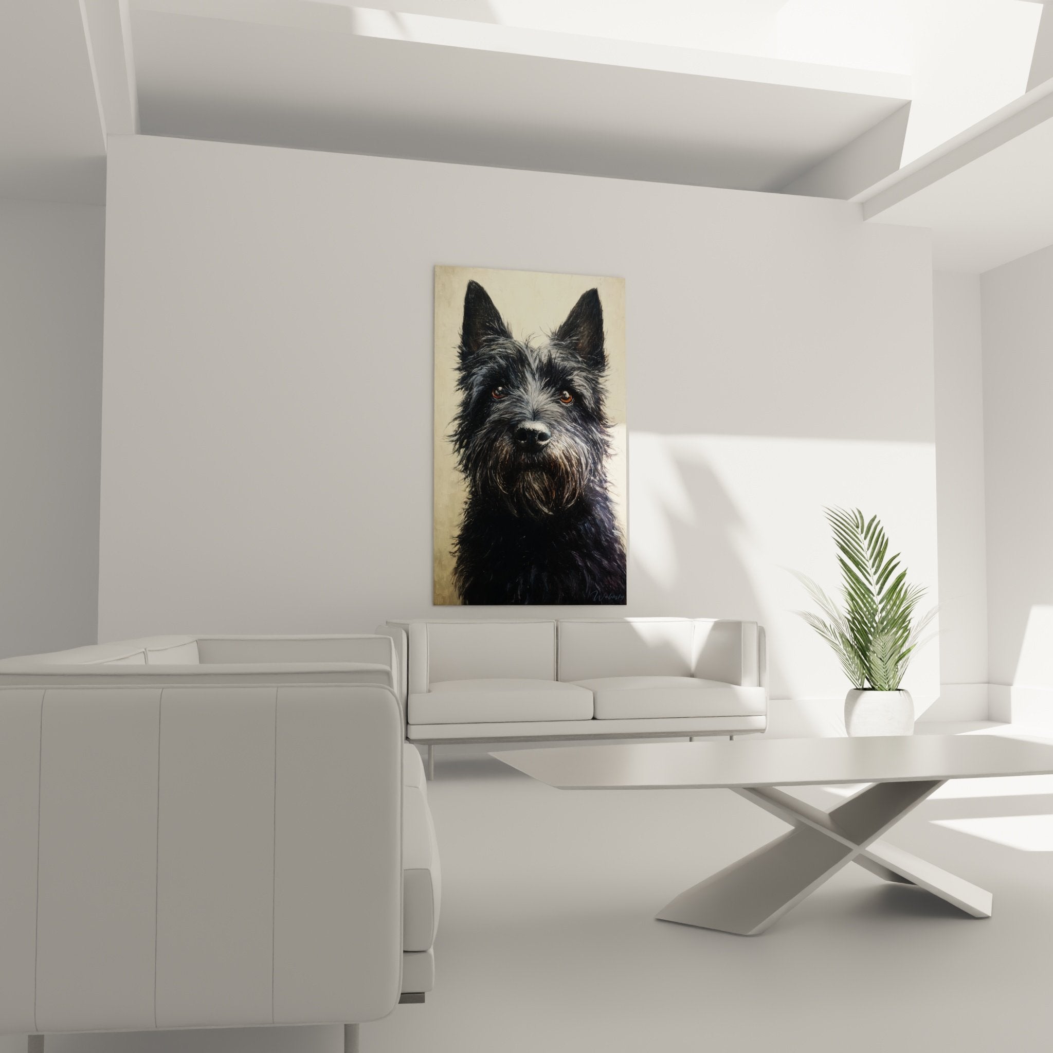 Détail du regard ambré perçant et du pelage noir texturé du Cairn Terrier dans ce portrait artistique