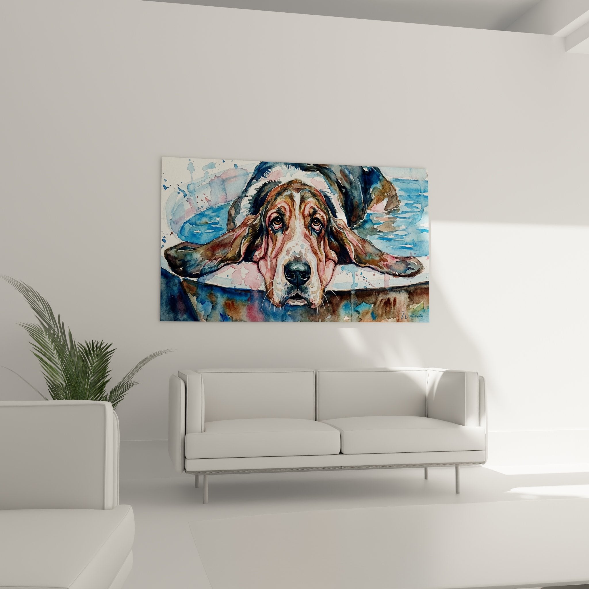 Détail du regard expressif du Basset Hound dans cette aquarelle aux nuances douces et harmonieuses