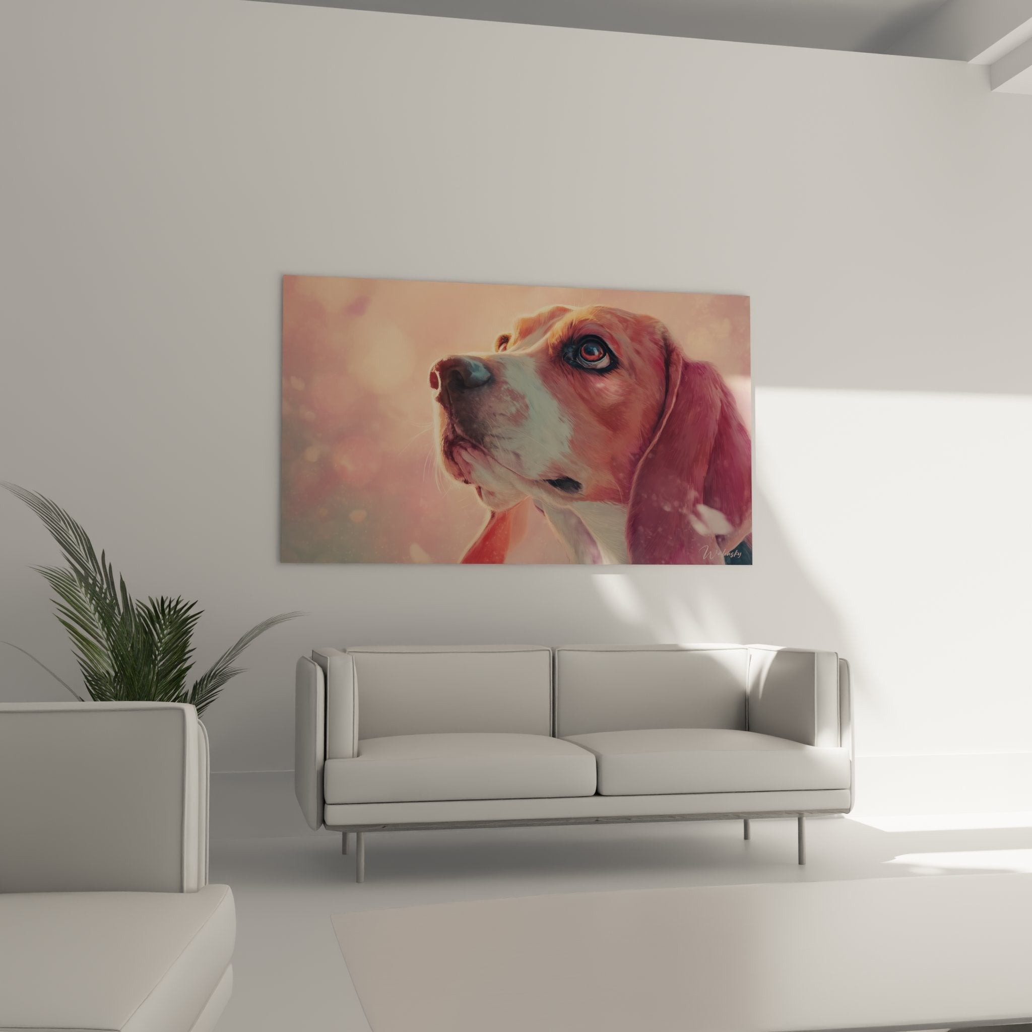 Detail des ausdrucksstarken Blicks des Beagles mit braunen Augen im künstlerischen rosa Porträt