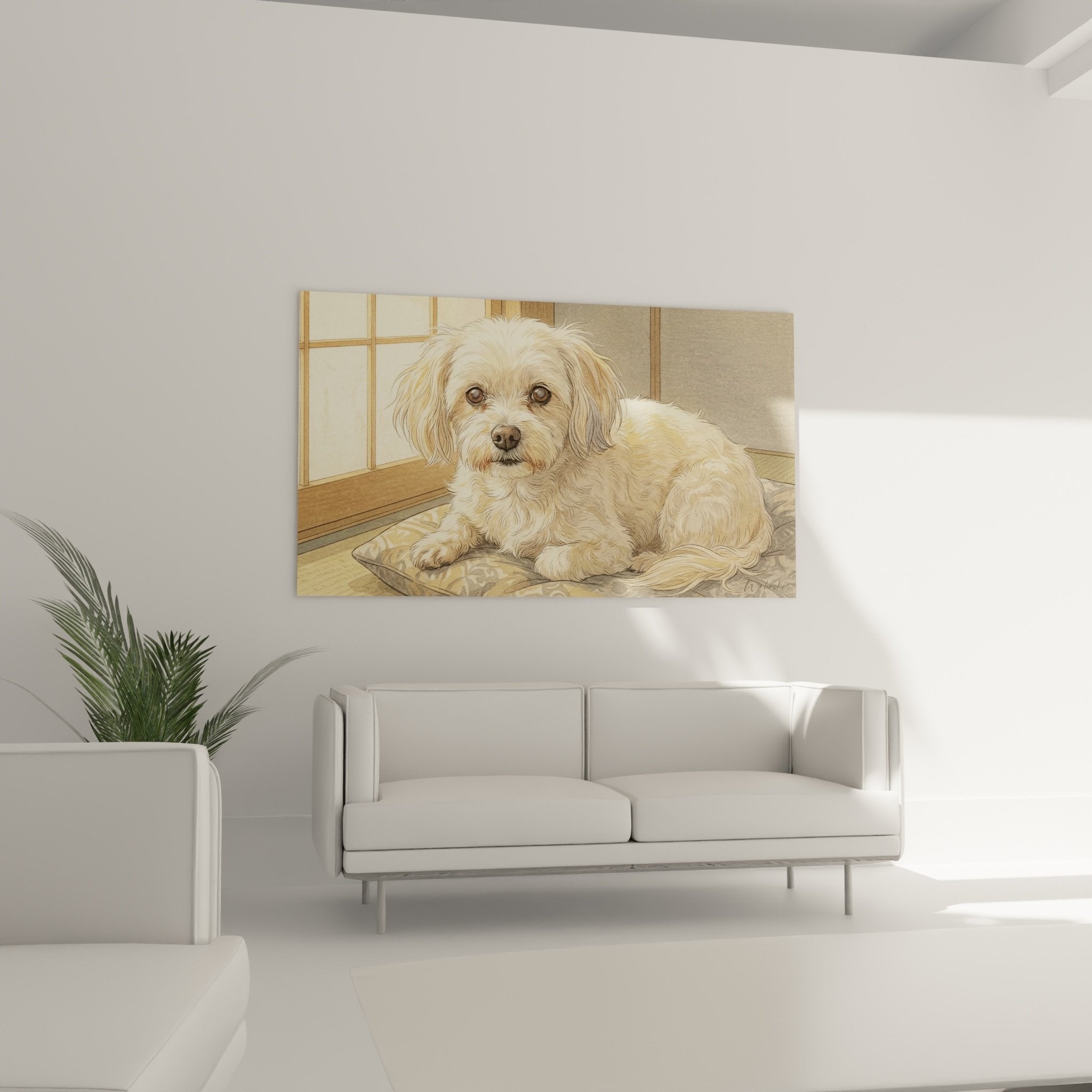 Détail du regard expressif et du pelage soyeux crème du Bichon Maltais sur coussin à motifs