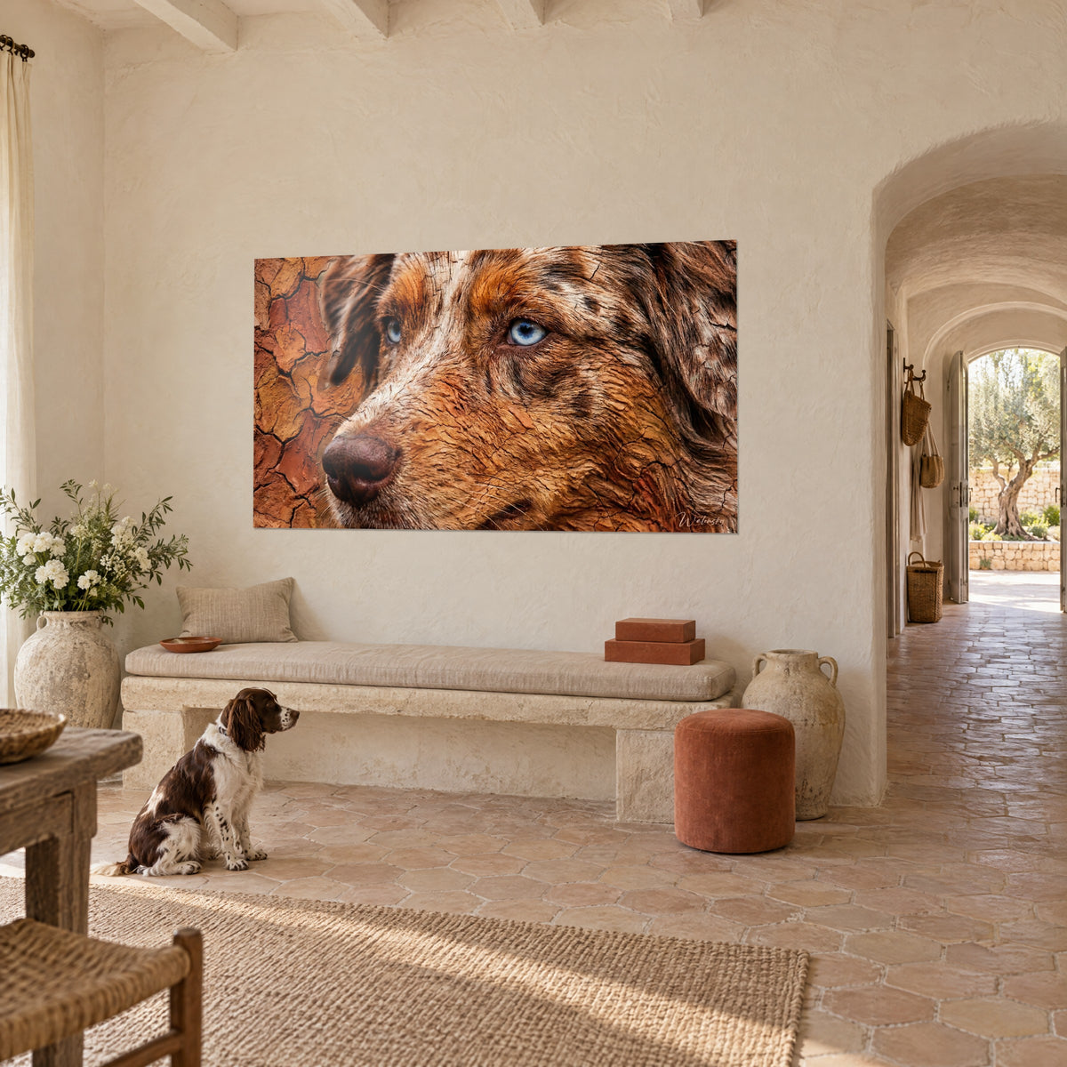 Tableau portrait canin au regard glacier, museau brun et terre craquelée orangée, vu de trois quarts avec un spaniel assis près d'un banc