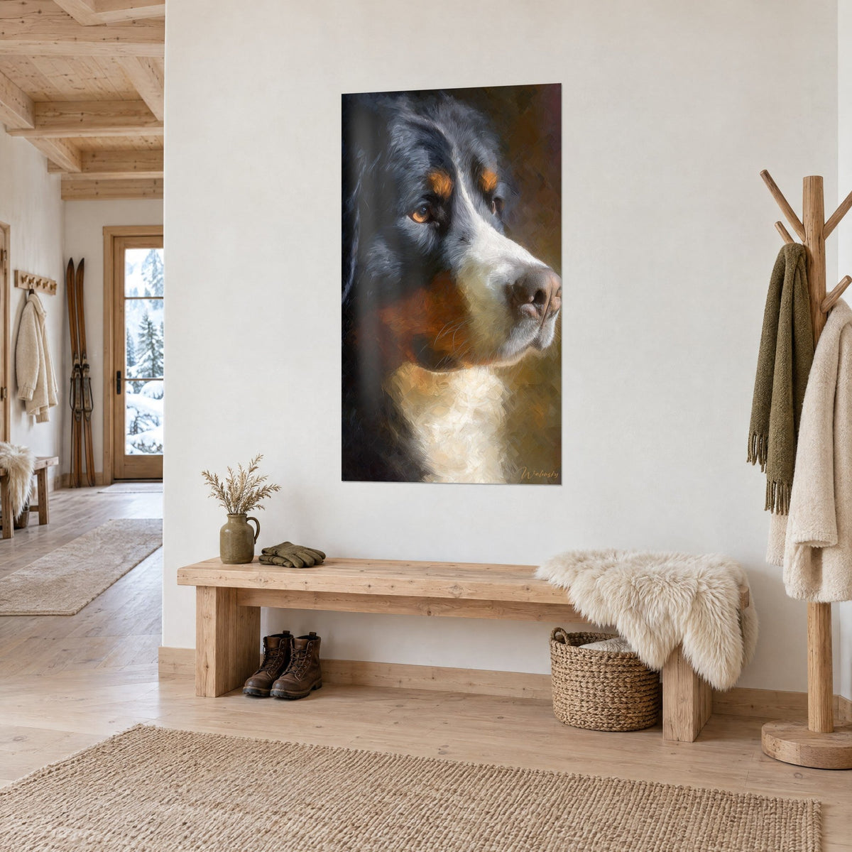 Cuadro perro de montaña negro, fuego y blanco, ojo avellana de perfil, sobre una pared clara encima de un banco de chalet