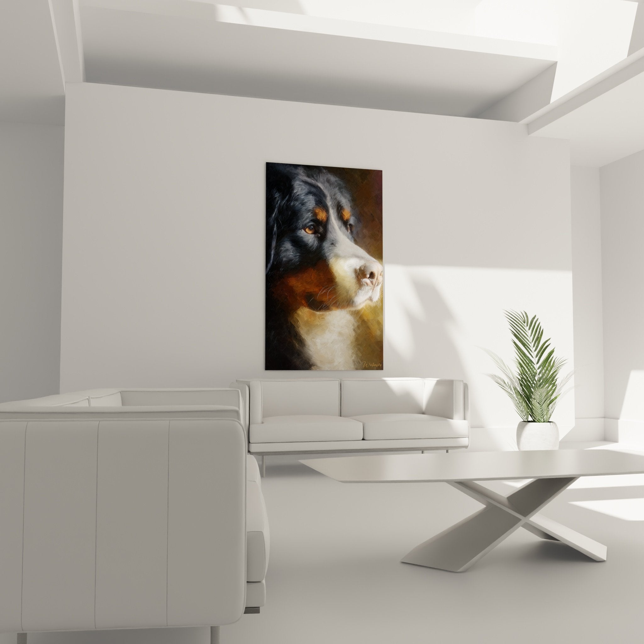 Close-up detail of the expressive gaze and golden eyes of the Bernese Mountain Dog on artistic canvas