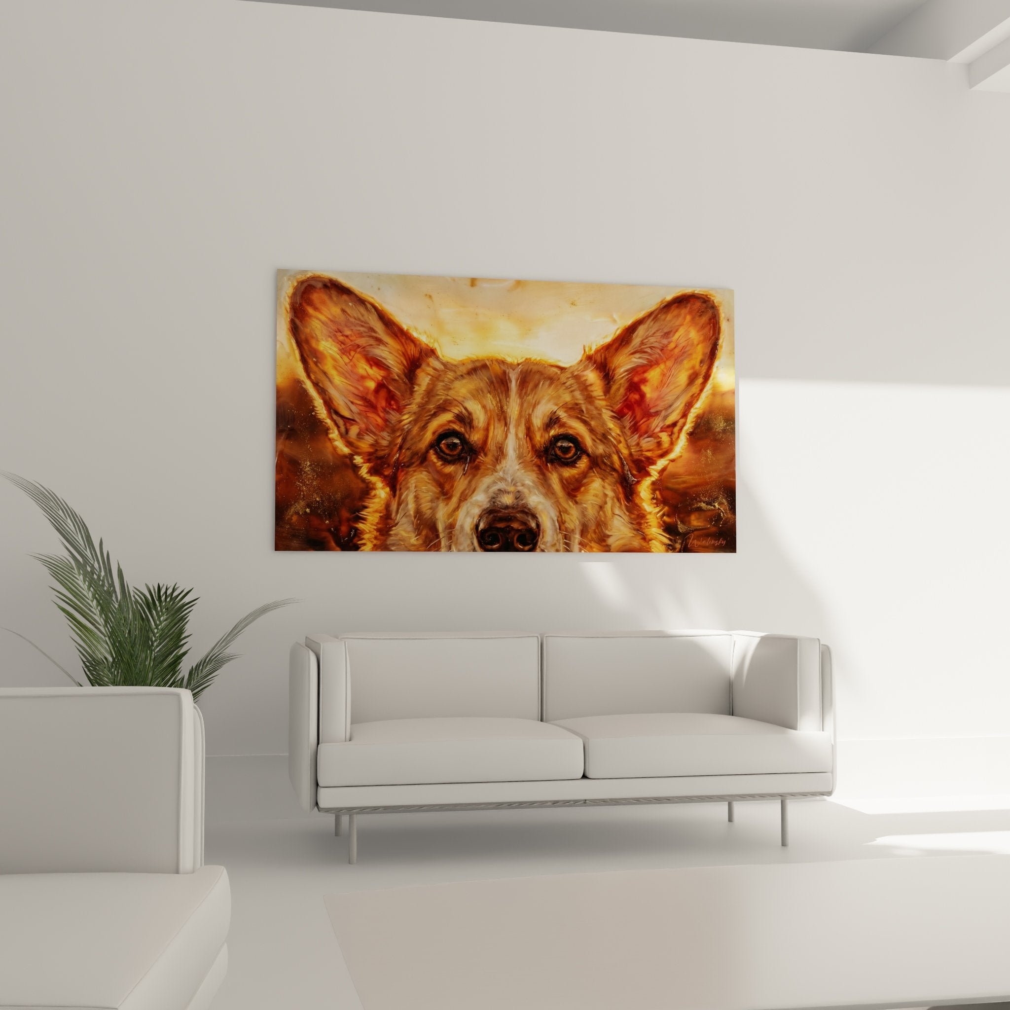 Nahaufnahme der ausdrucksstarken Augen und goldenen Reflexe des gemalten Pembroke Corgi