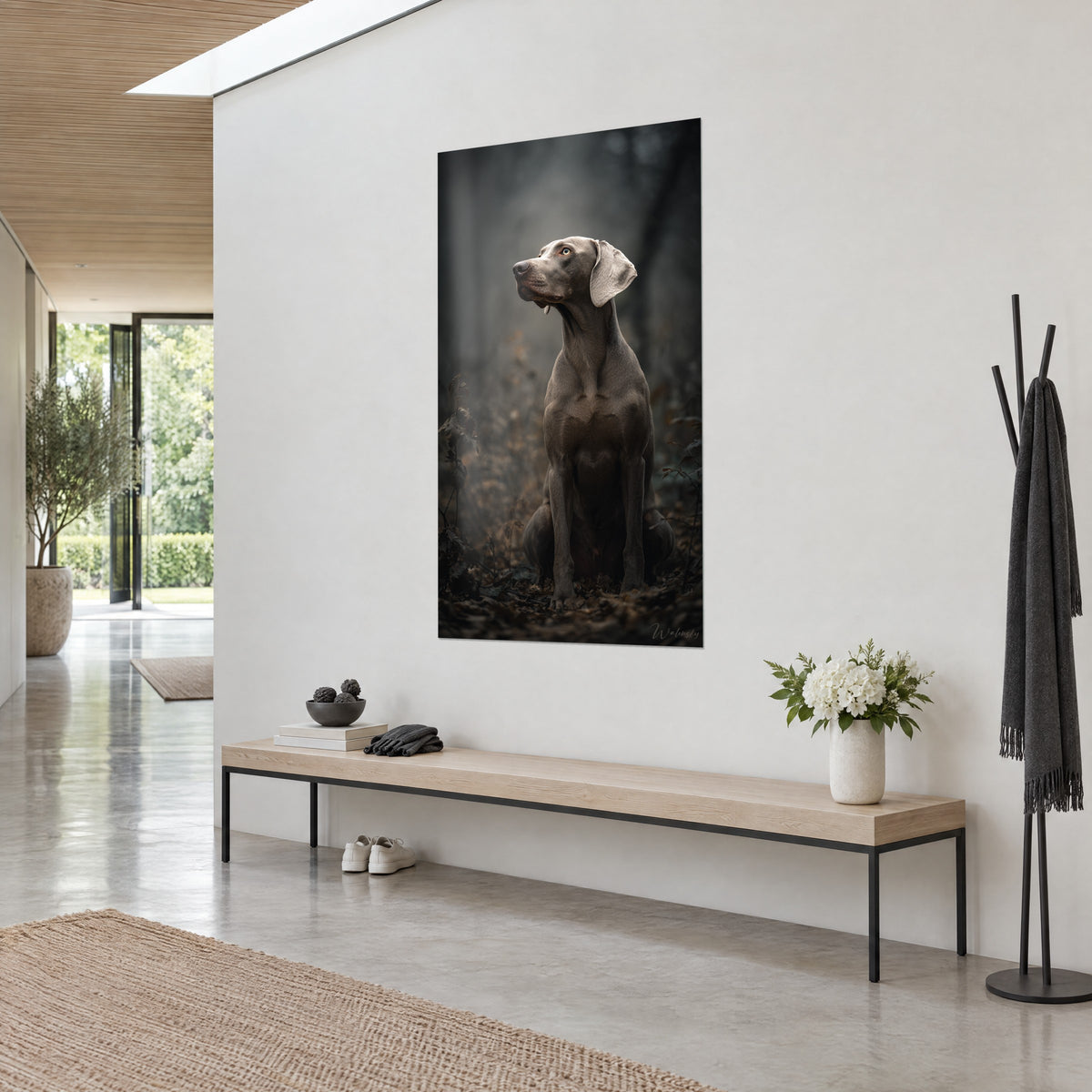 Cuadro de un perro gris de orejas caídas, pelaje plateado y hojas secas marrones, vista de tres cuartos, banco de madera y flores blancas