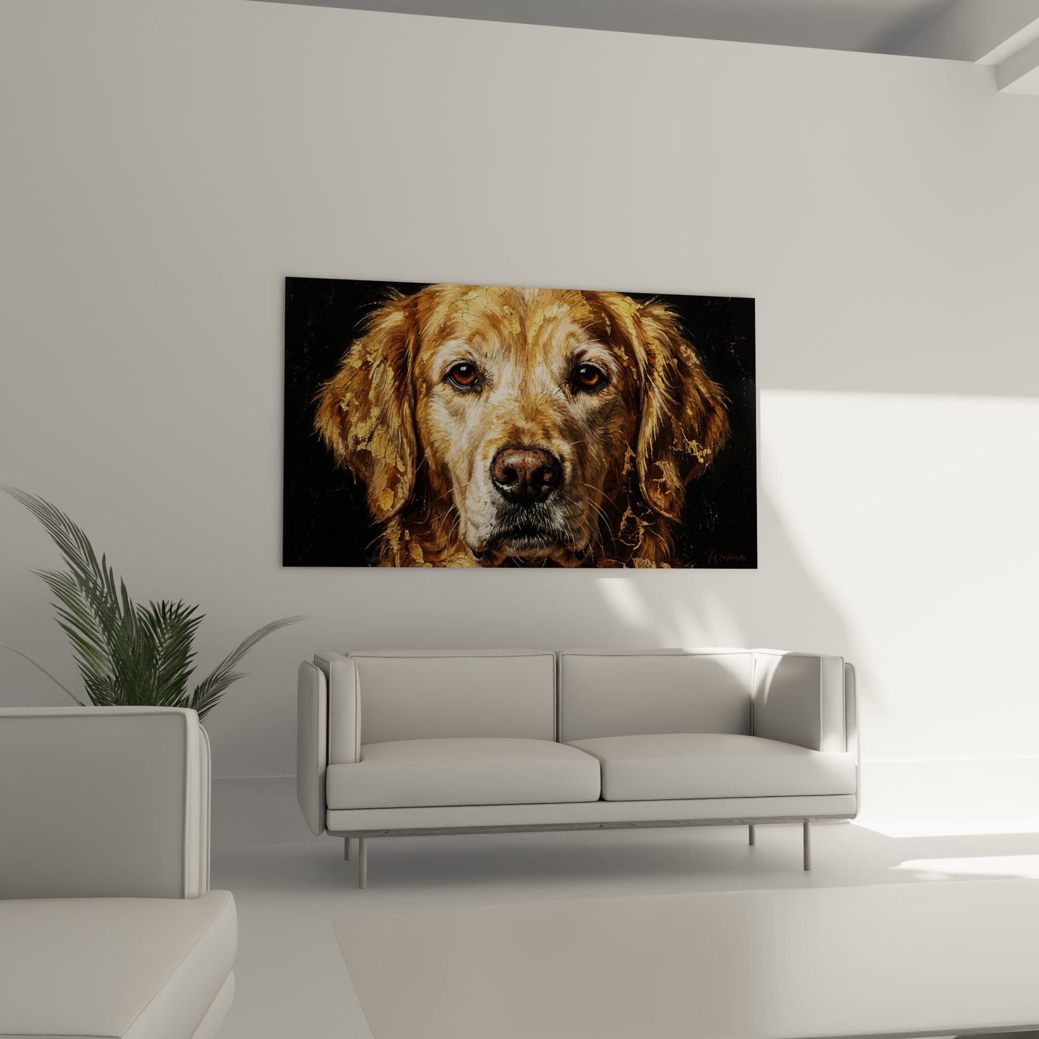 Dettaglio dello sguardo ambrato intenso del Golden Retriever, tecnica pittorica raffinata con riflessi metallici dorati
