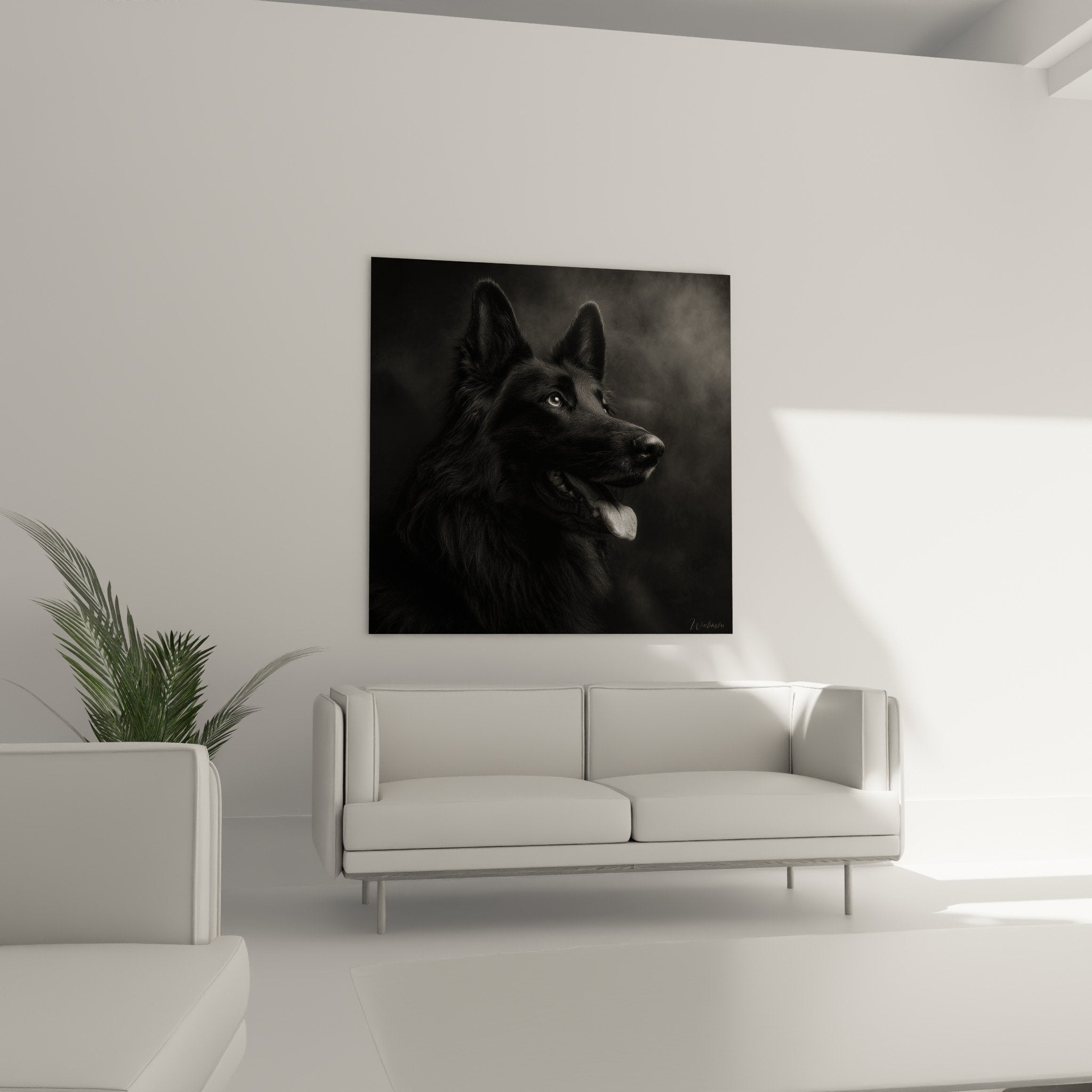 Close-up of the intense gaze and fur texture of the Dutch Shepherd on the monochrome wall art