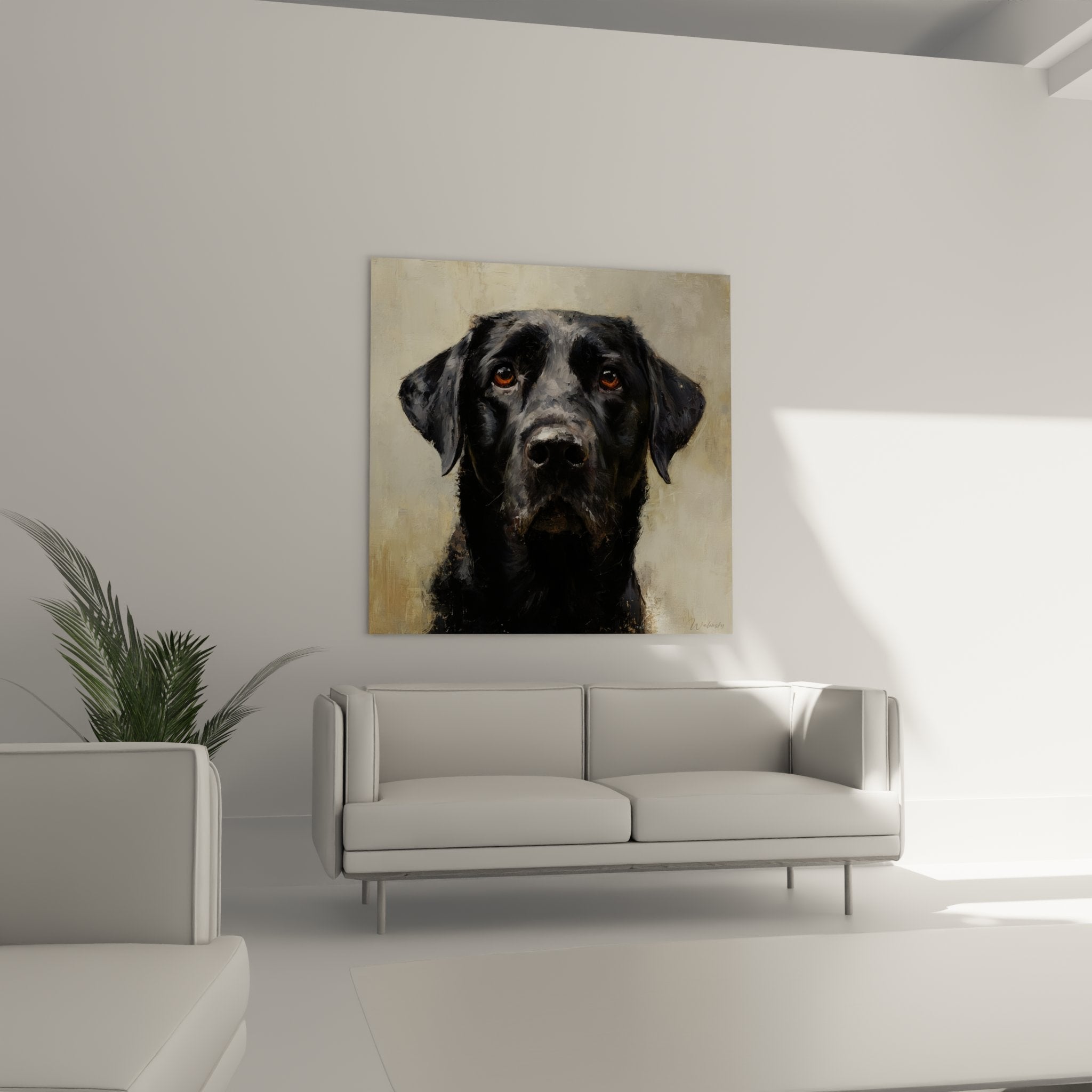 Detail of the intense gaze of the black labrador, expressive amber eyes and visible artistic brushstrokes