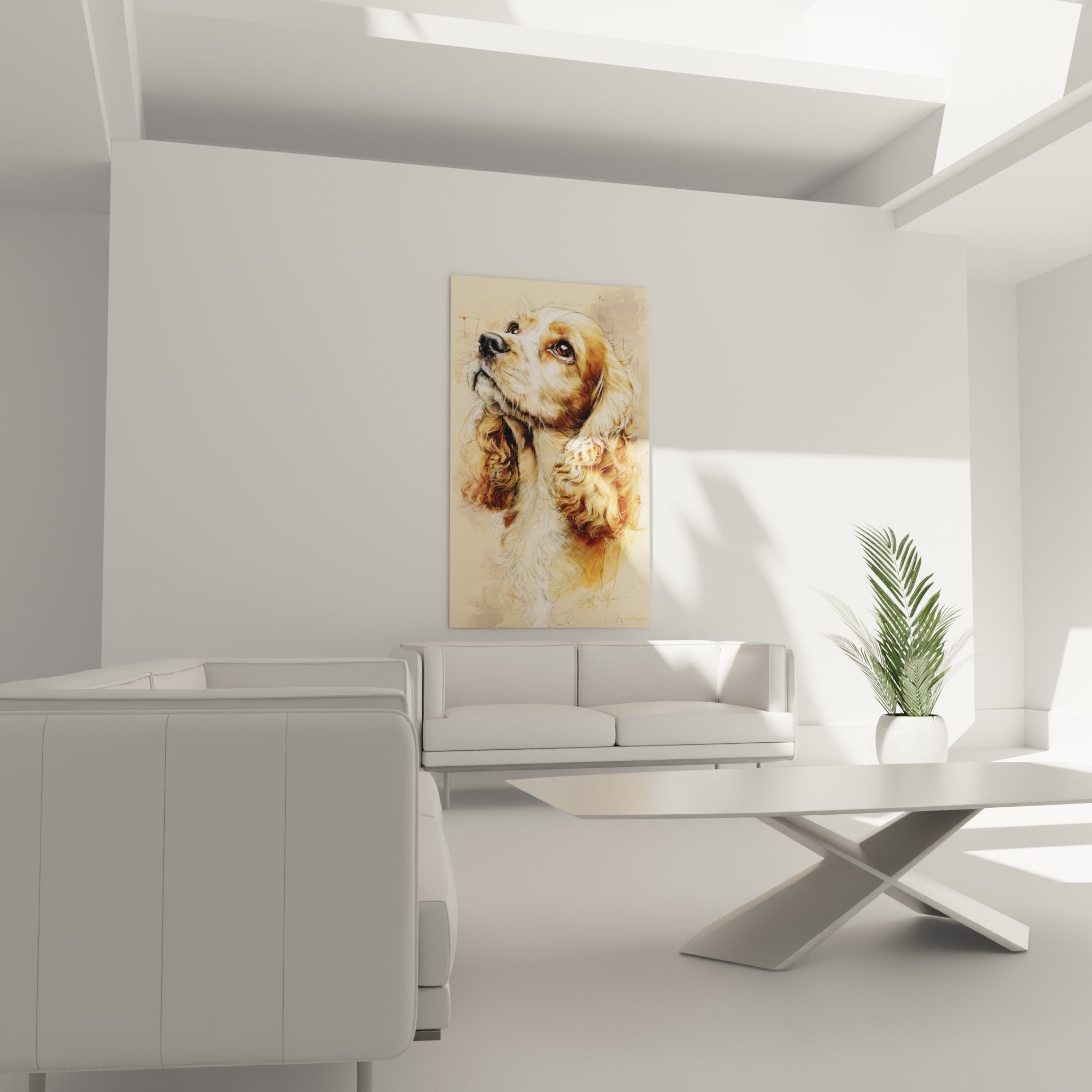 Détail du regard expressif et du pelage bouclé doré du Cocker Américain sur fond esquissé