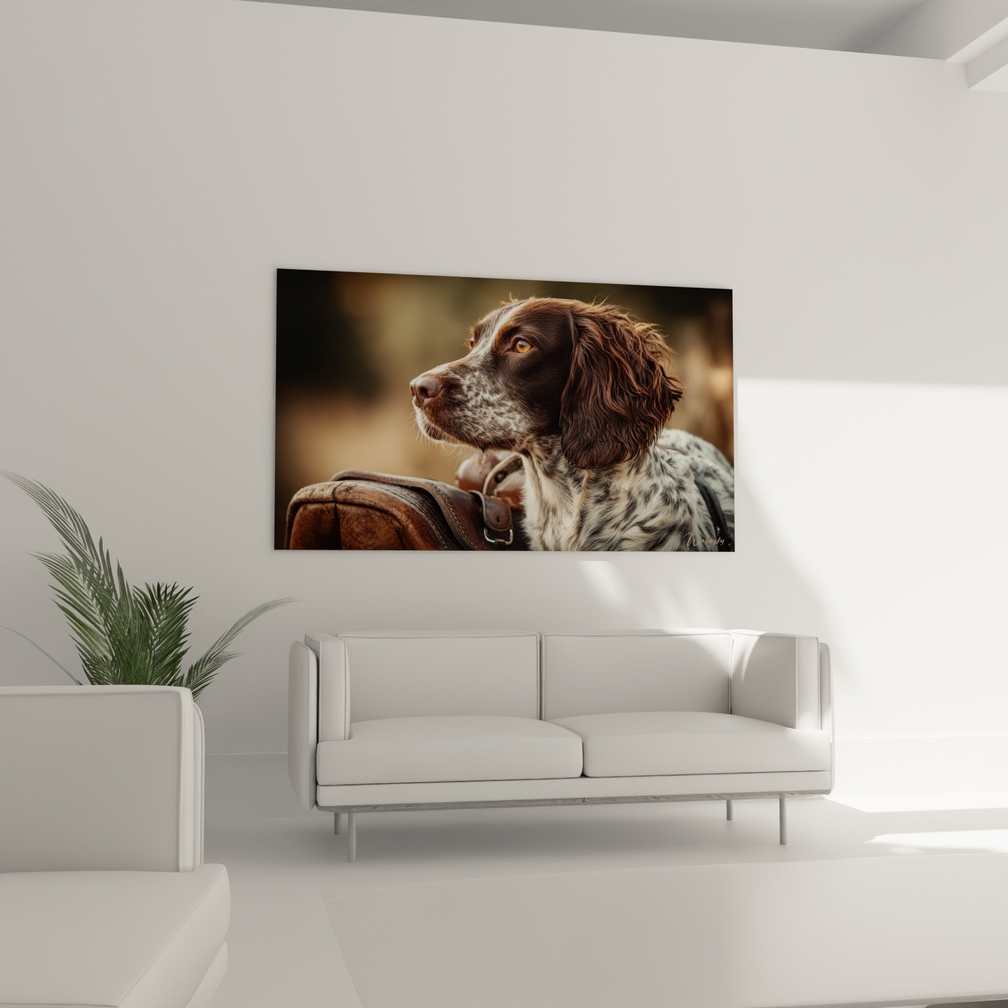 Dettaglio dello sguardo ambrato e del morbido mantello dello Spaniel Bretone in questo ritratto artistico realistico