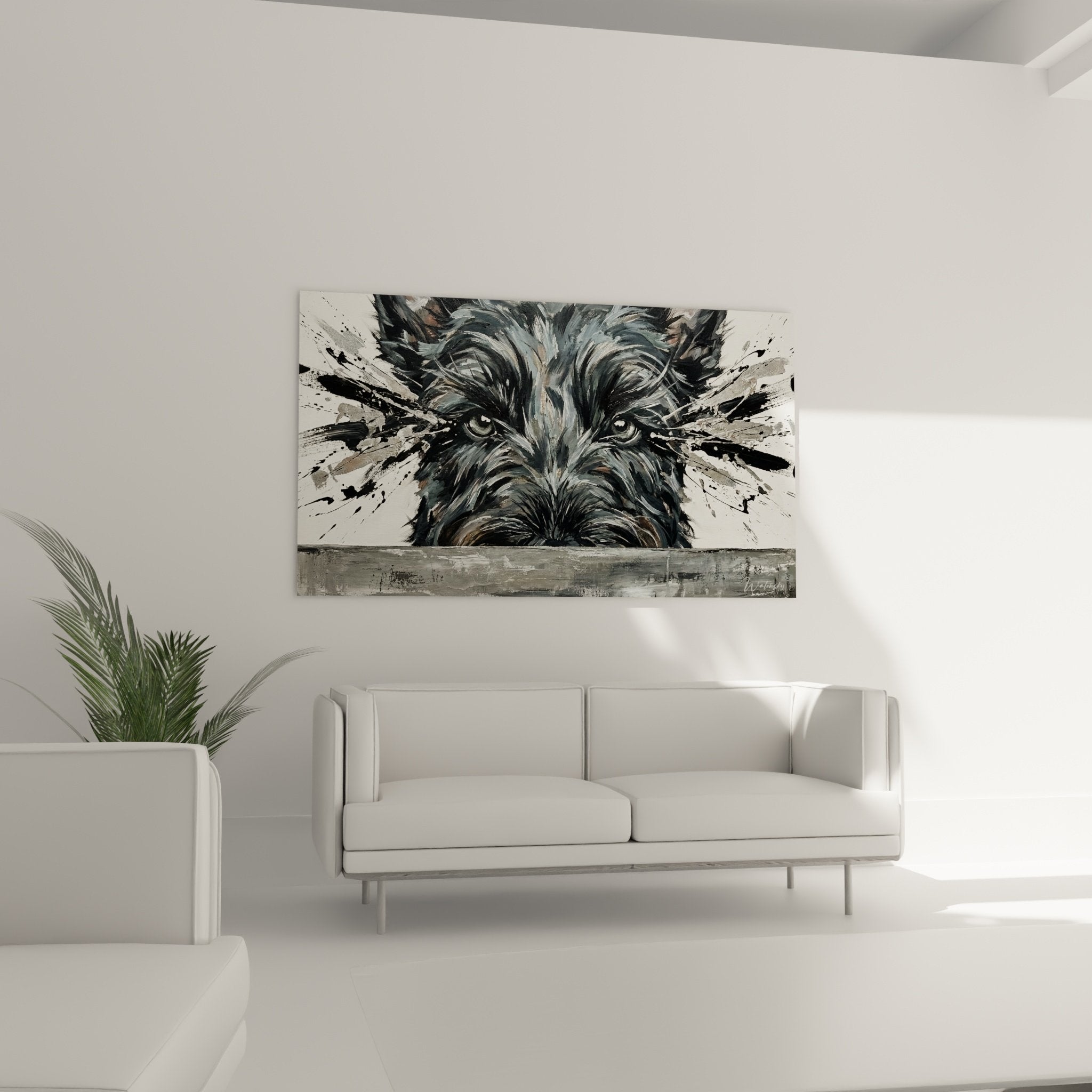 Detail du regard percant et du pelage noir texture du Scottish Terrier dans style expressionniste