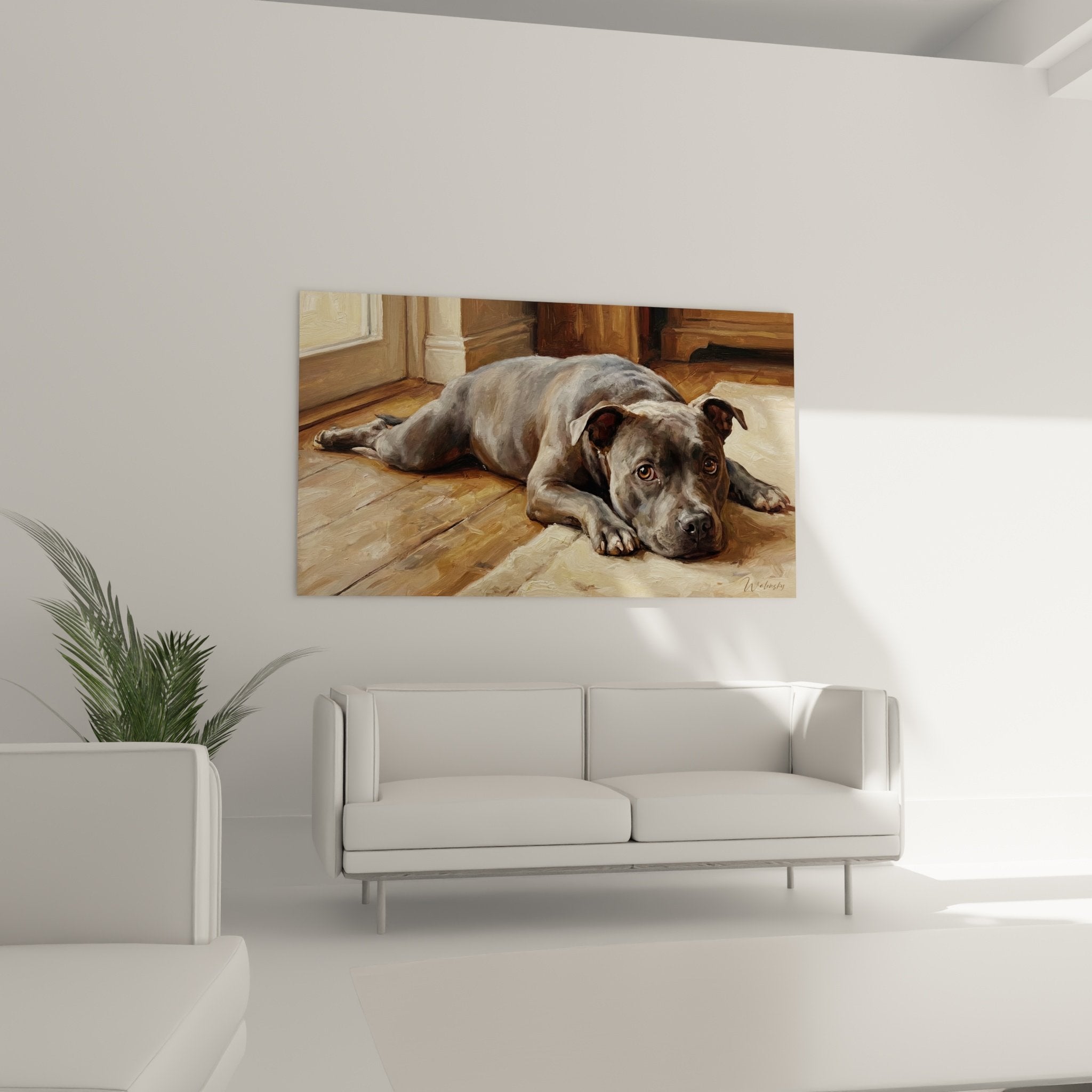 Détail peinture regard mélancolique Staffordshire Bulle Terrier yeux ambrés expressifs technique réaliste contemporaine