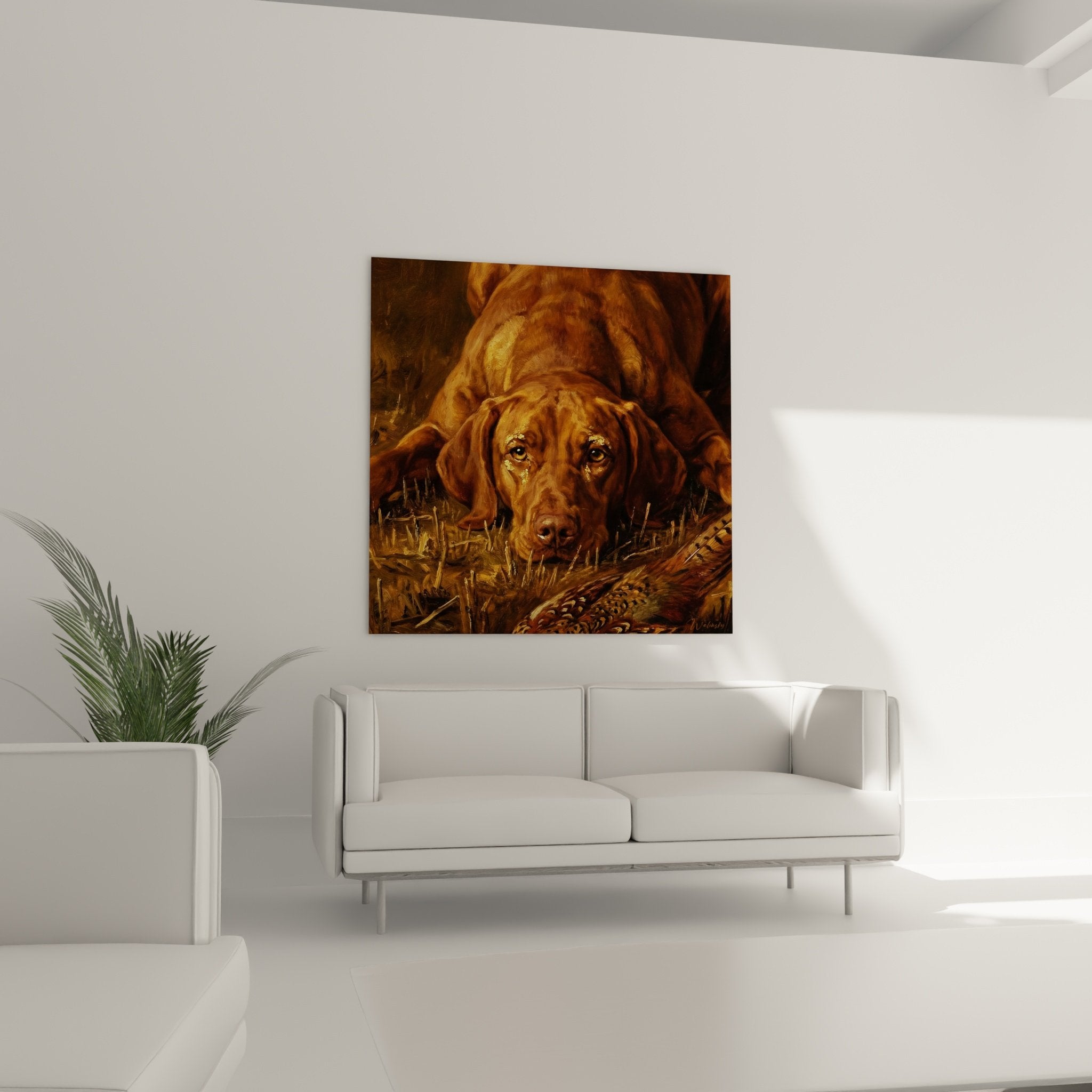 Nahaufnahme ausdrucksstarker Blick Vizsla rötliches Fell goldene Reflexe realistische Maltechnik Detail