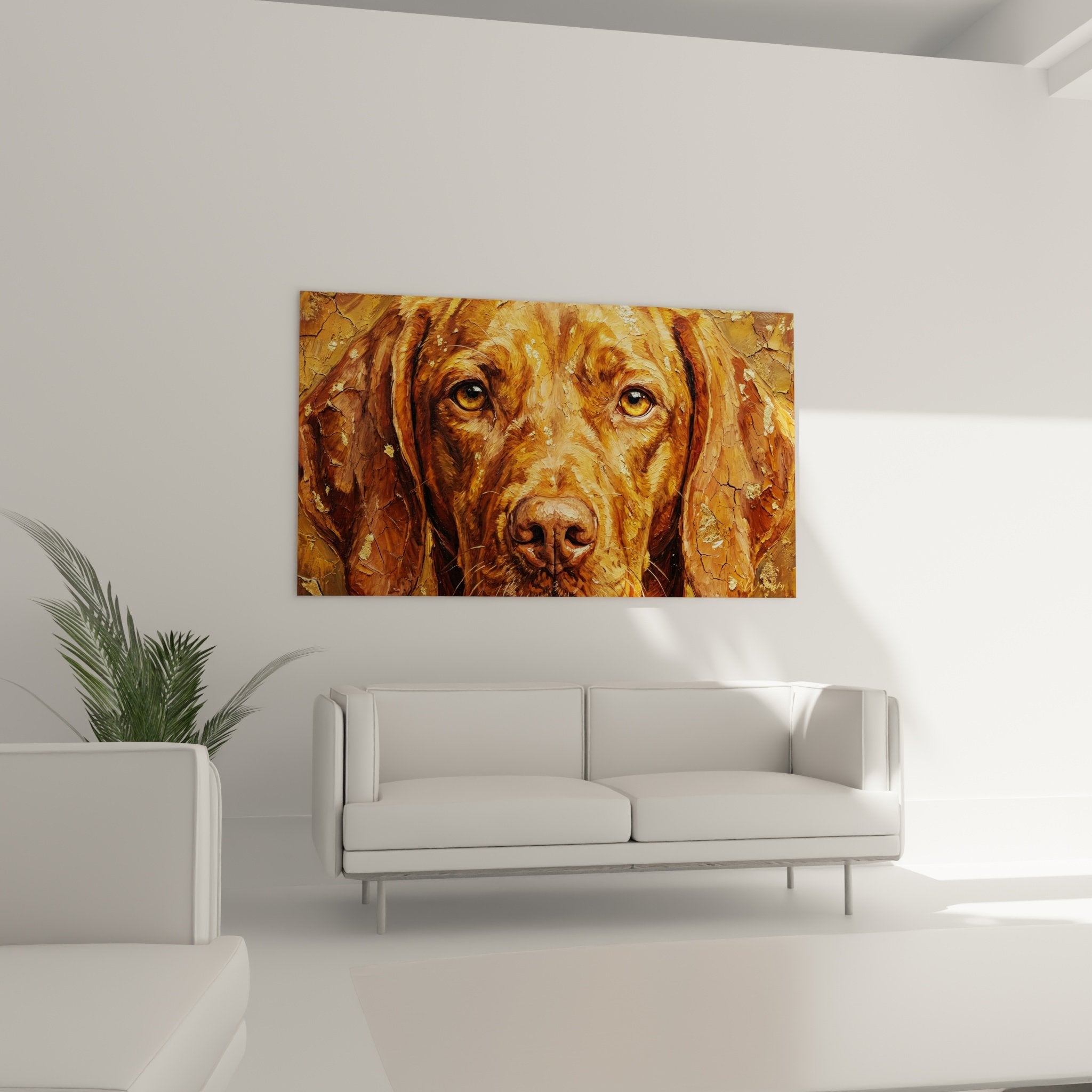Détail rapproché du regard expressif et des yeux dorés du Vizsla peint avec texture craquelée