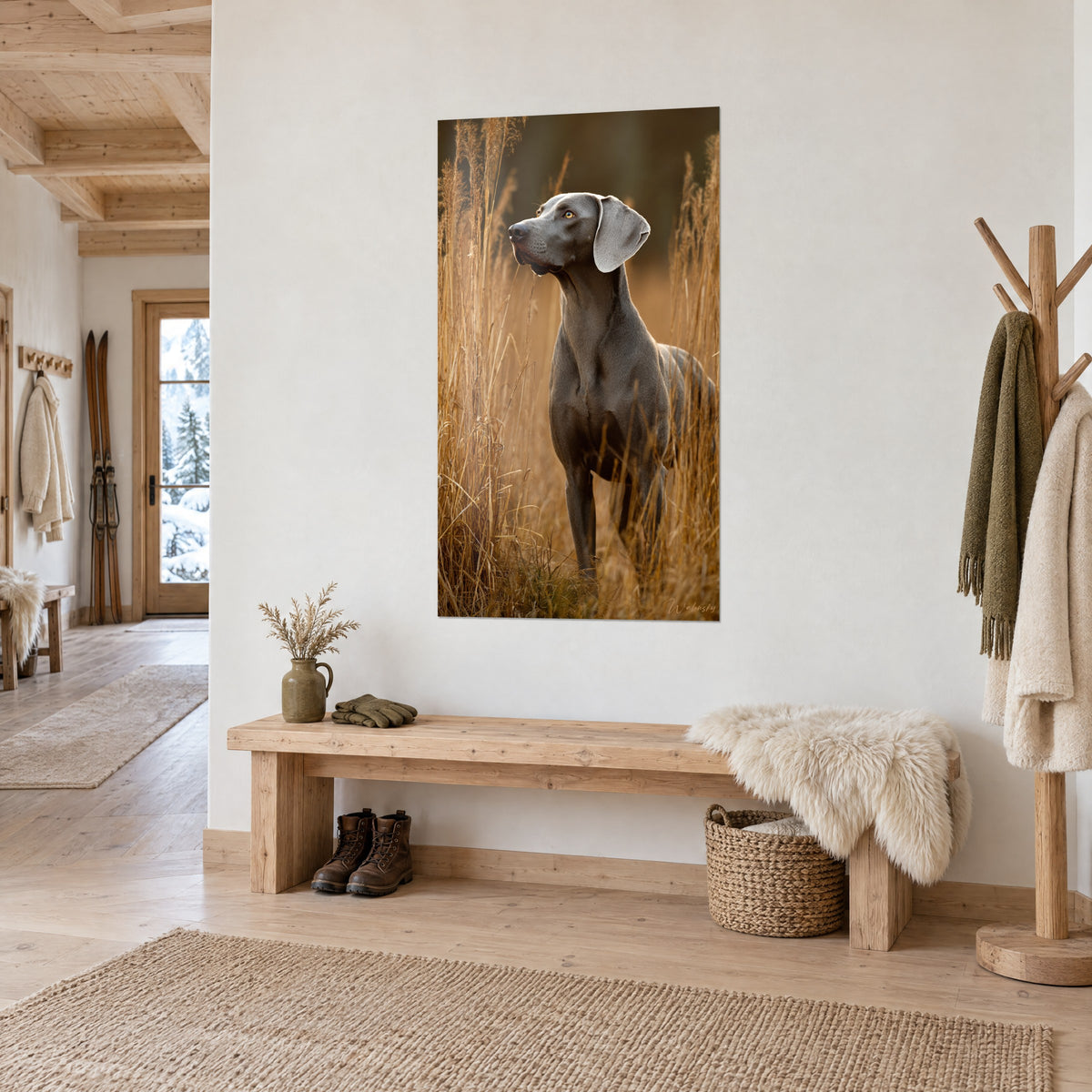 Obraz stalowoszarego Weimaranera, miękkie ucho i bursztynowe oko, wśród złotobrązowych łodyg, nad ławą w domku górskim