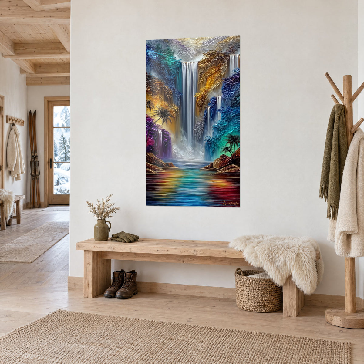 Cuadro paraíso acuático con acantilados violetas y ámbar, cortina de agua blanca, colgado en la entrada del chalet de madera