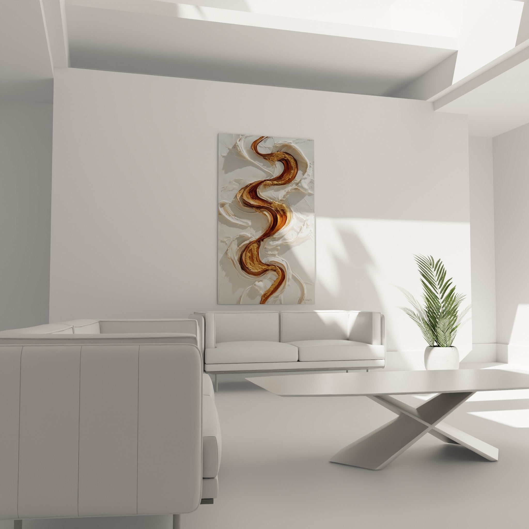 Relief detail with golden impasto textured sculptured modern artwork serpentine flow feng shui earth center