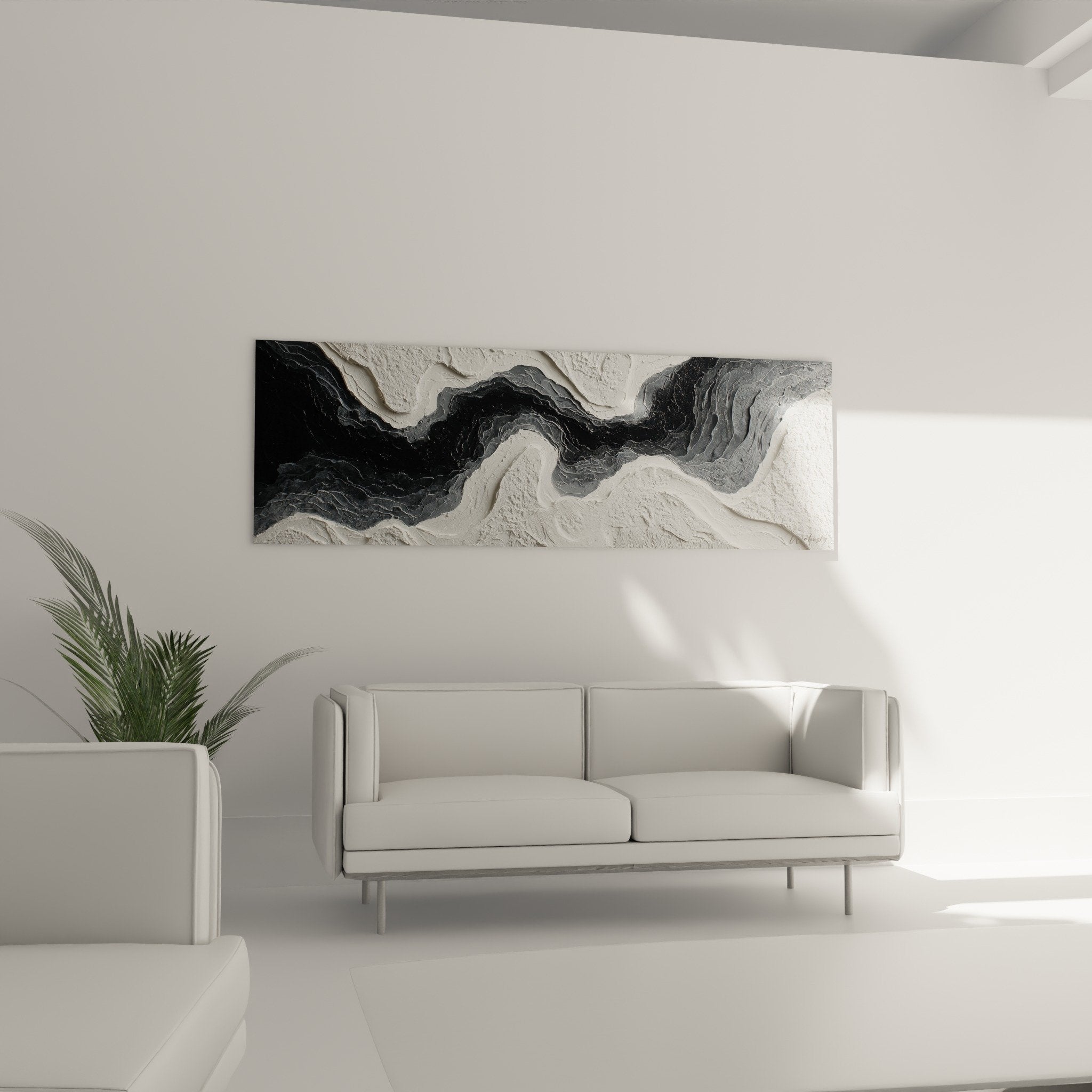 Detail relief sculpture abstract undulating black white gray textures feng shui metal wall art