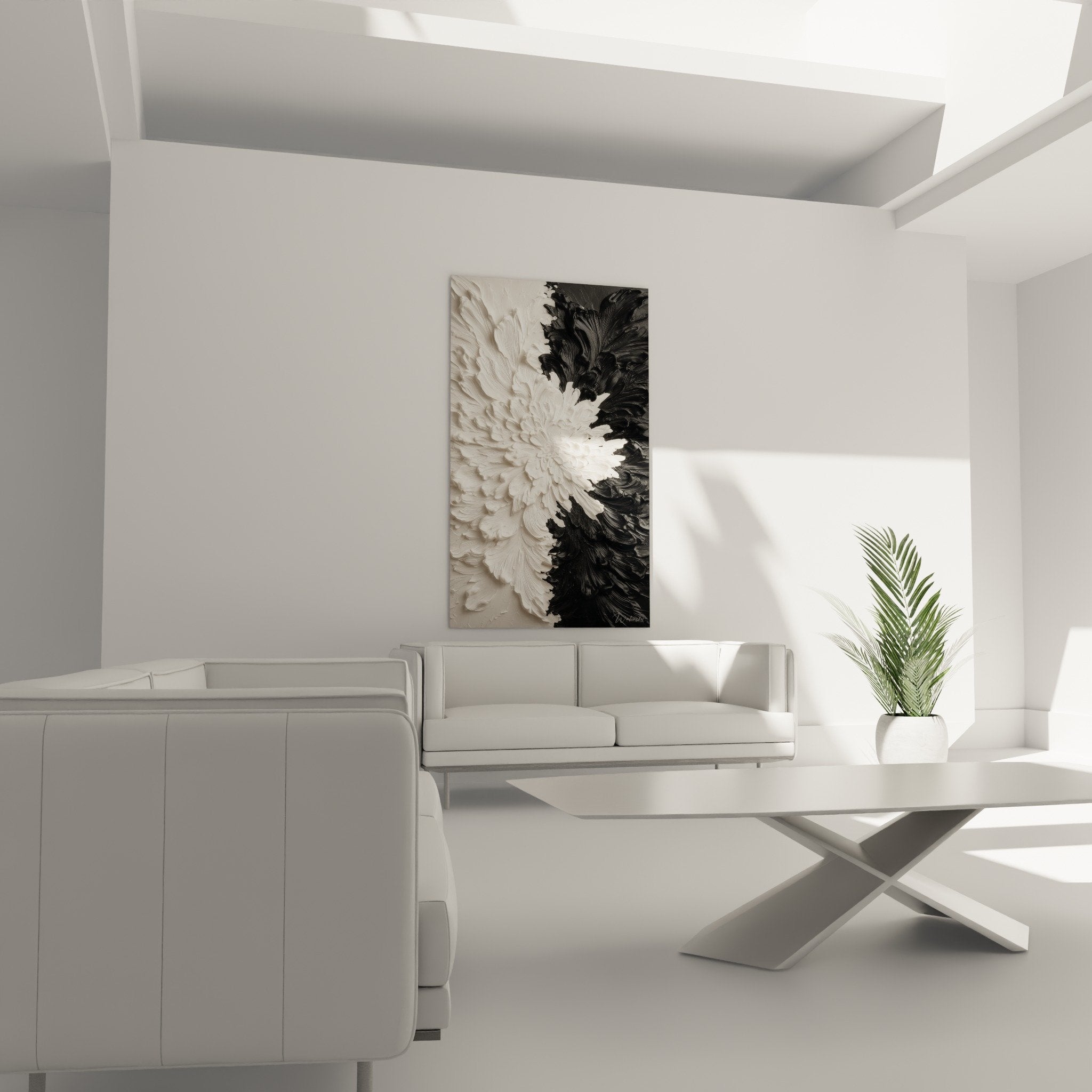 Textured detail sculpted petals relief white black contemporary wall art feng shui metal