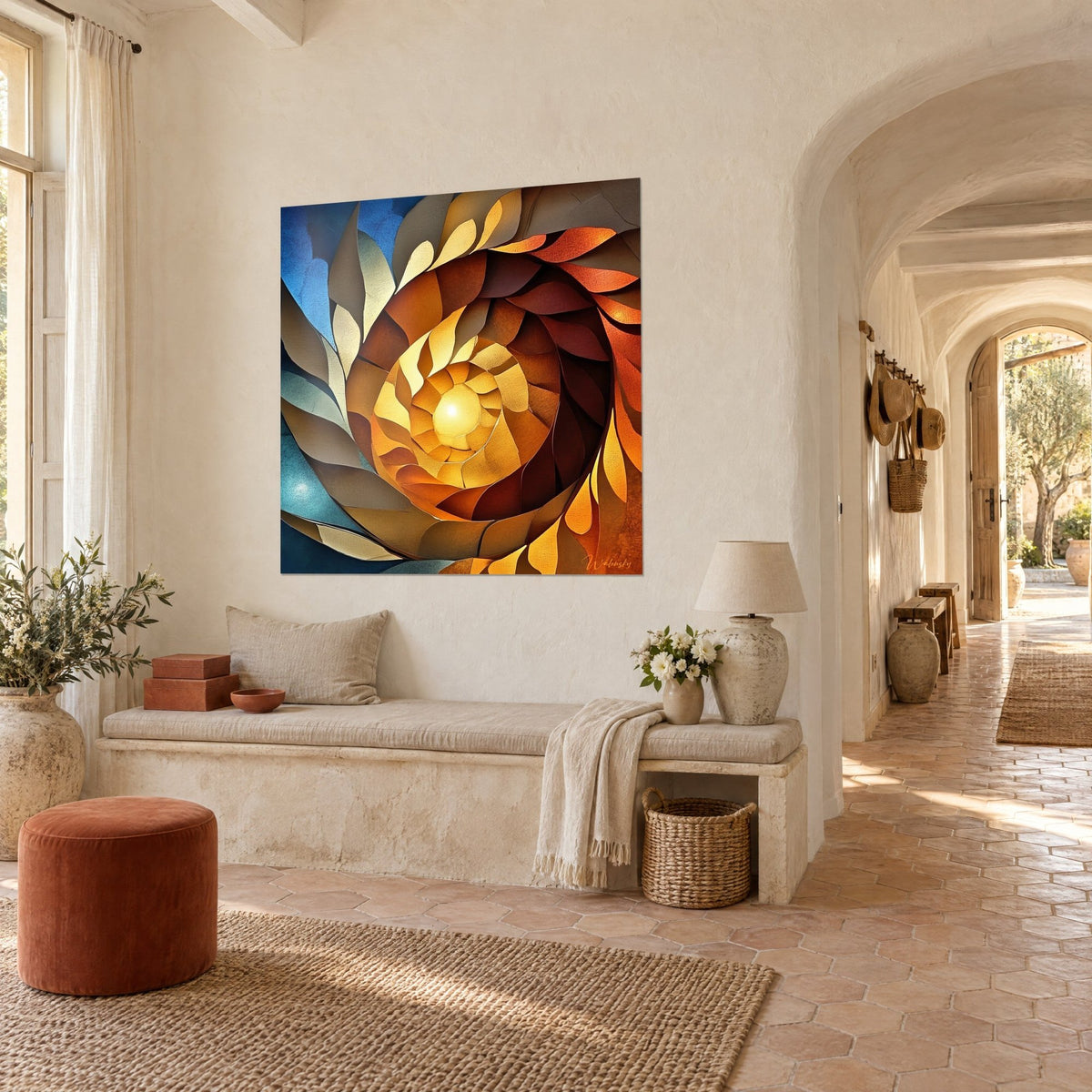 Quadro con un vortice di carte ritagliate ocra e ambra, cuore incandescente su sfondo blu, nell'arco di un mas provenzale
