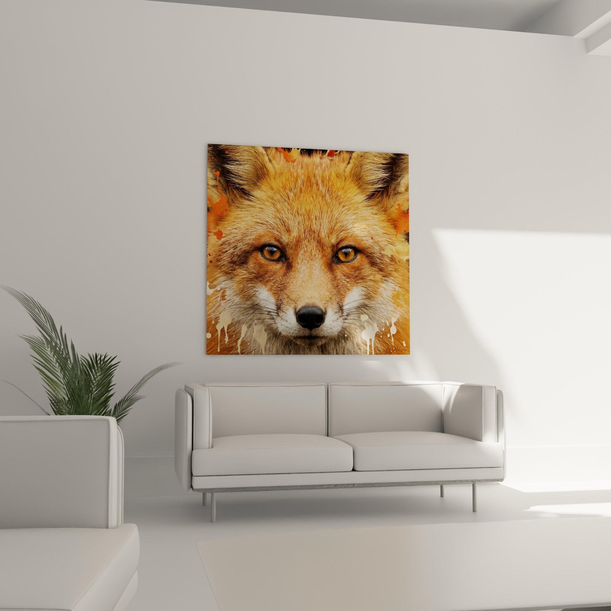 Détail proche portrait renard roux yeux ambrés art urbain dripping éclaboussures peinture