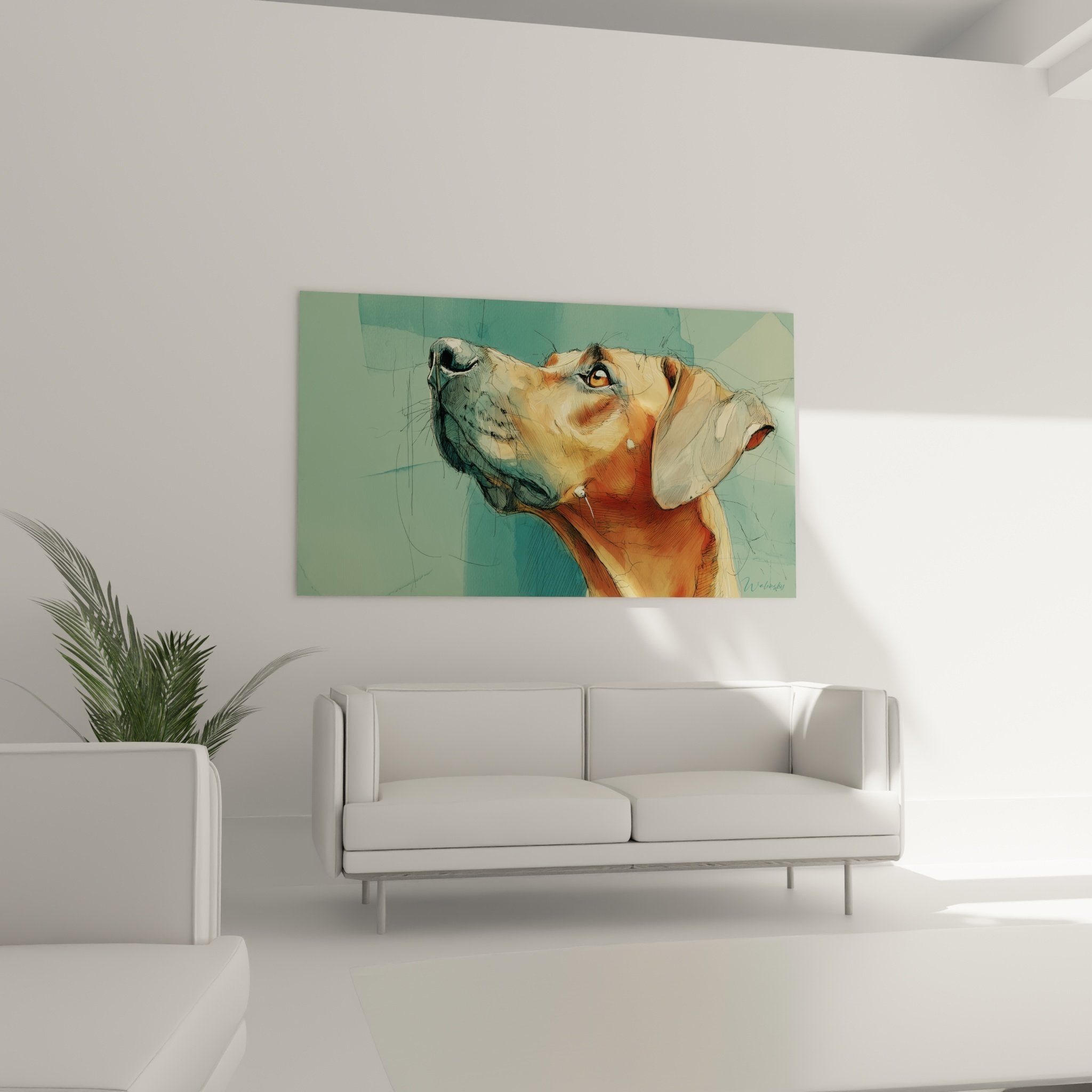 Detail portrait chien Rhodesian Ridgeback, oeil ambre expressif, technique mixte crayon peinture, tons chauds contraste vert