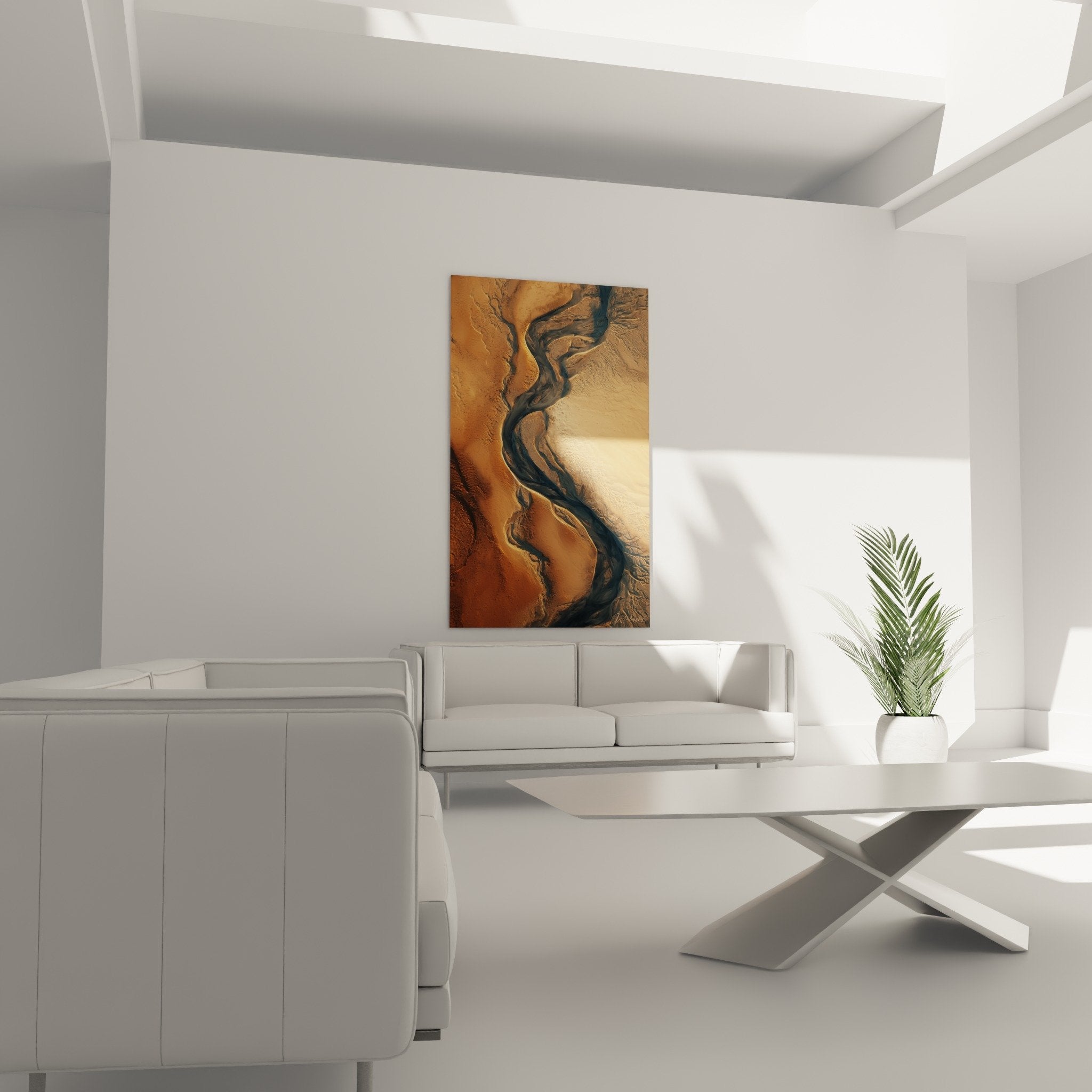 Desert river painting detail golden sand tones blue-gray contrast feng shui northeast