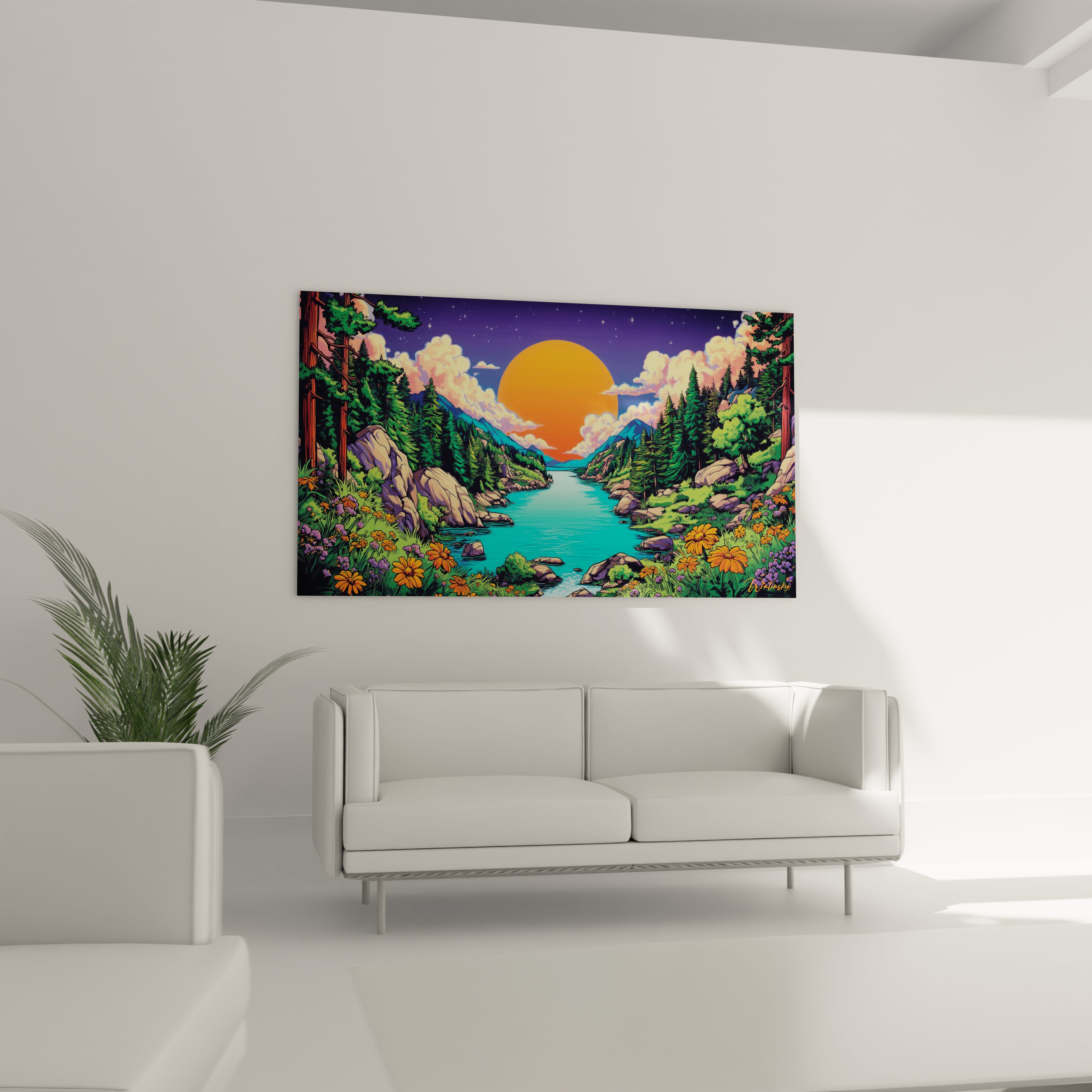 Détail tableau rivière turquoise et fleurs tropicales colorées dans style illustration bande dessinée
