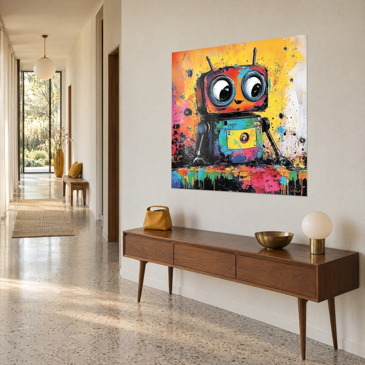Tableau automate rieur en street art, tête orange et rose, éclats jaune vif, vu de biais au mur d'un couloir lumineux