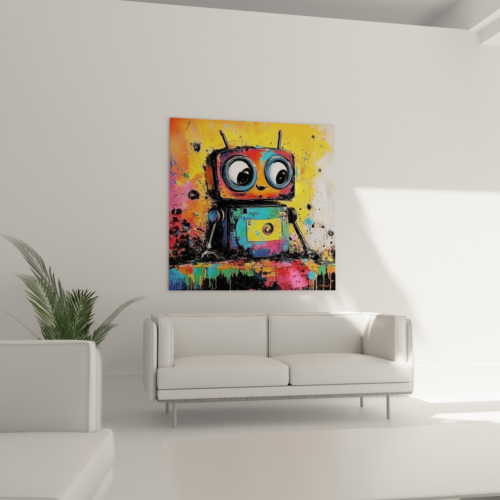 Détail gros plan robot expressif yeux bleus panneau contrôle doré street art