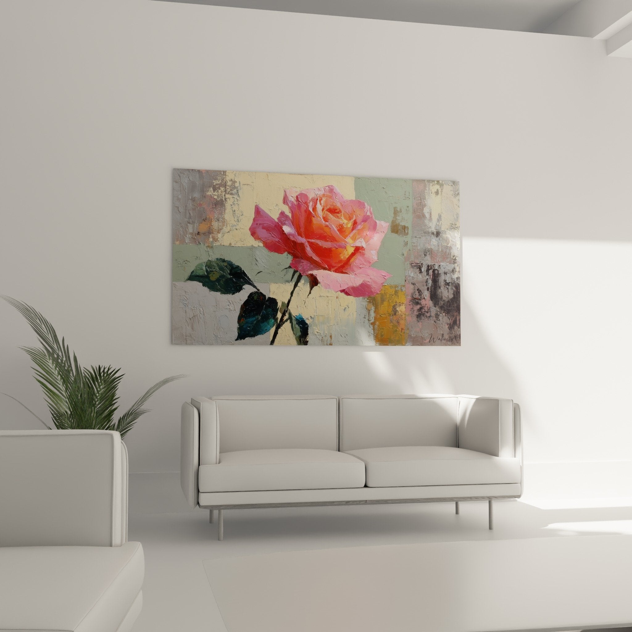 Detail rose corail orange empâtements texture peinture feuilles bleu-vert feng shui sud-ouest terre
