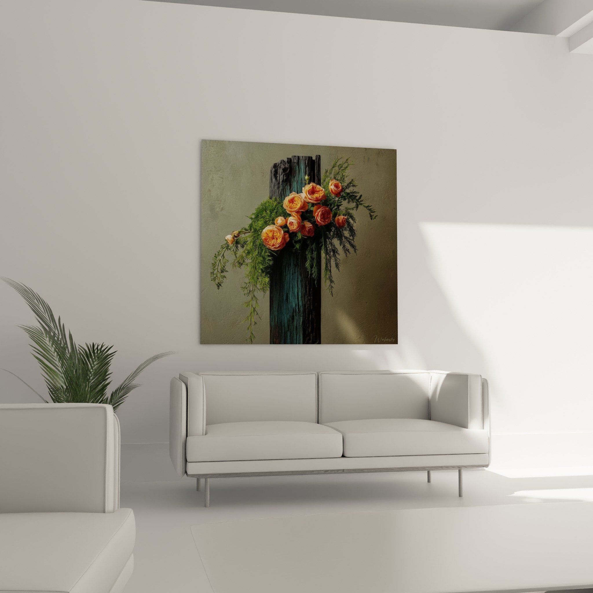 Detail roses orange cuivrees composition Ikebana petales soyeux feuillage delicat bois carbonise yakisugi