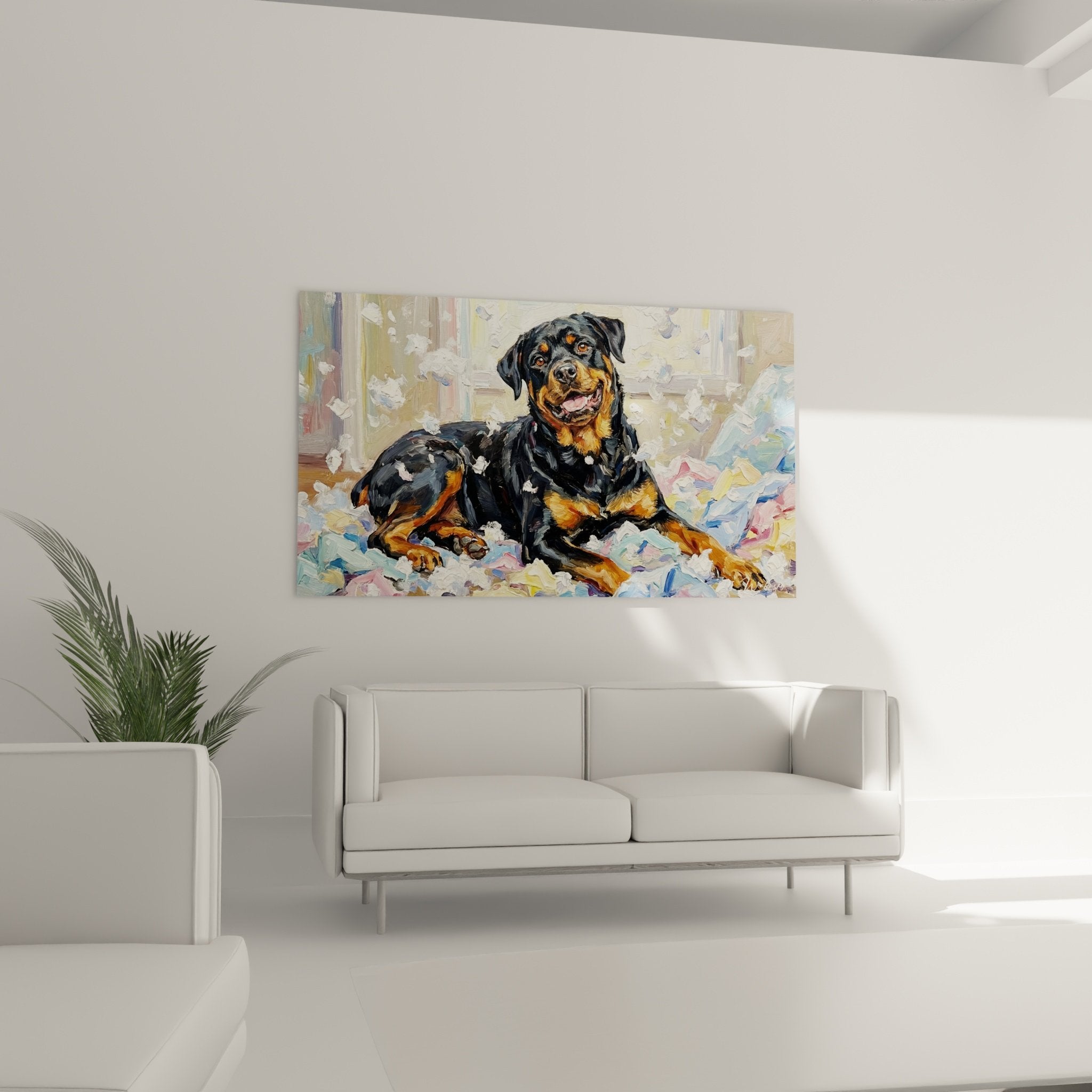 Dettaglio ravvicinato rottweiler lingua rosa espressione maliziosa carte colorate tecnica pittura impasto