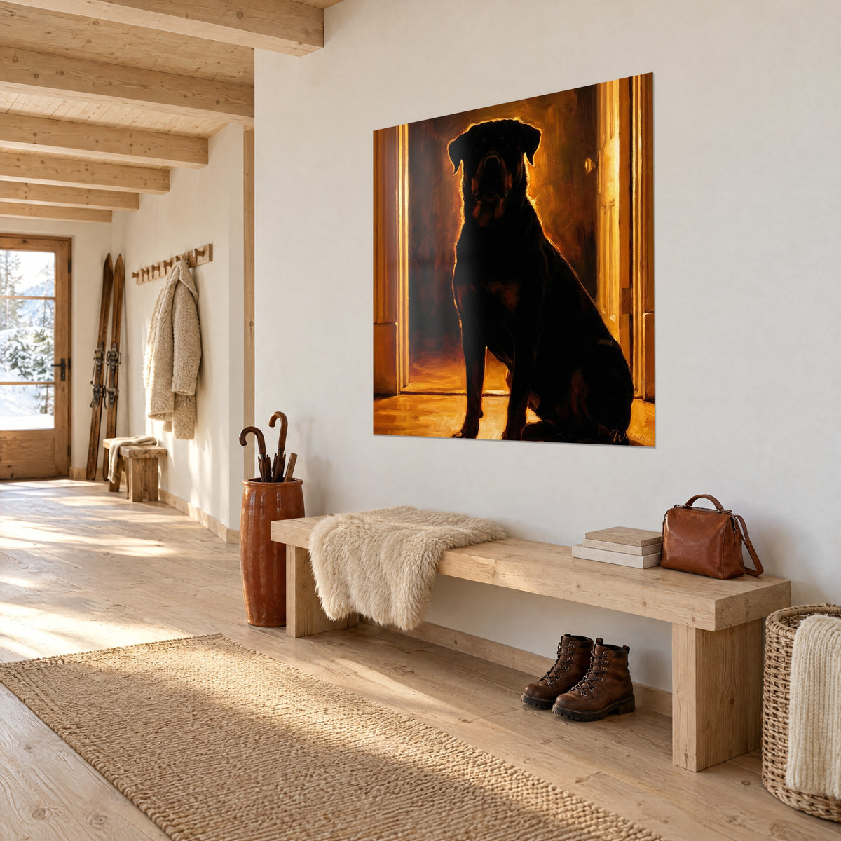 Quadro cane da guardia seduto nel vano della porta, sagoma d'ebano e luce ambrata, appeso nell'ingresso di uno chalet di legno