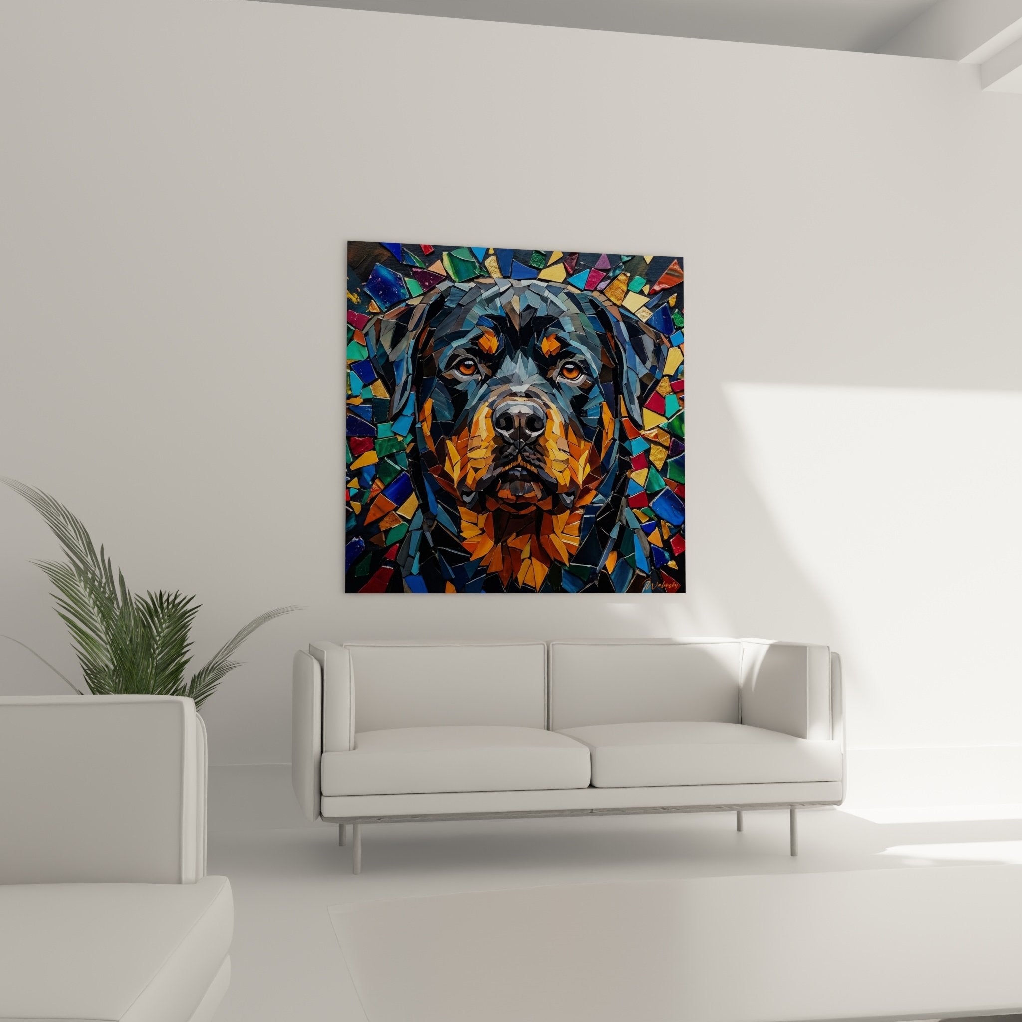 Detail portrait rottweiler technique mosaique fragments bleus orange yeux ambre expression loyale