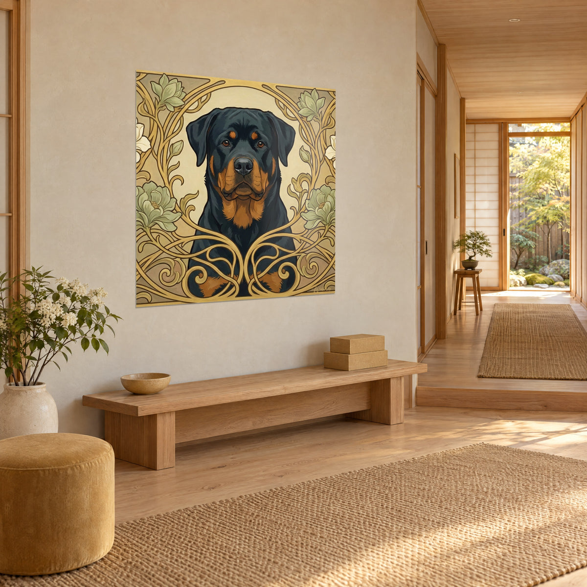 Gemälde Porträt eines Molossers mit fahlbraunen Augenbrauen, salbeigrüne Blüten und goldene Schnörkel, beige Wand neben einer Holzbank aus hellem Holz