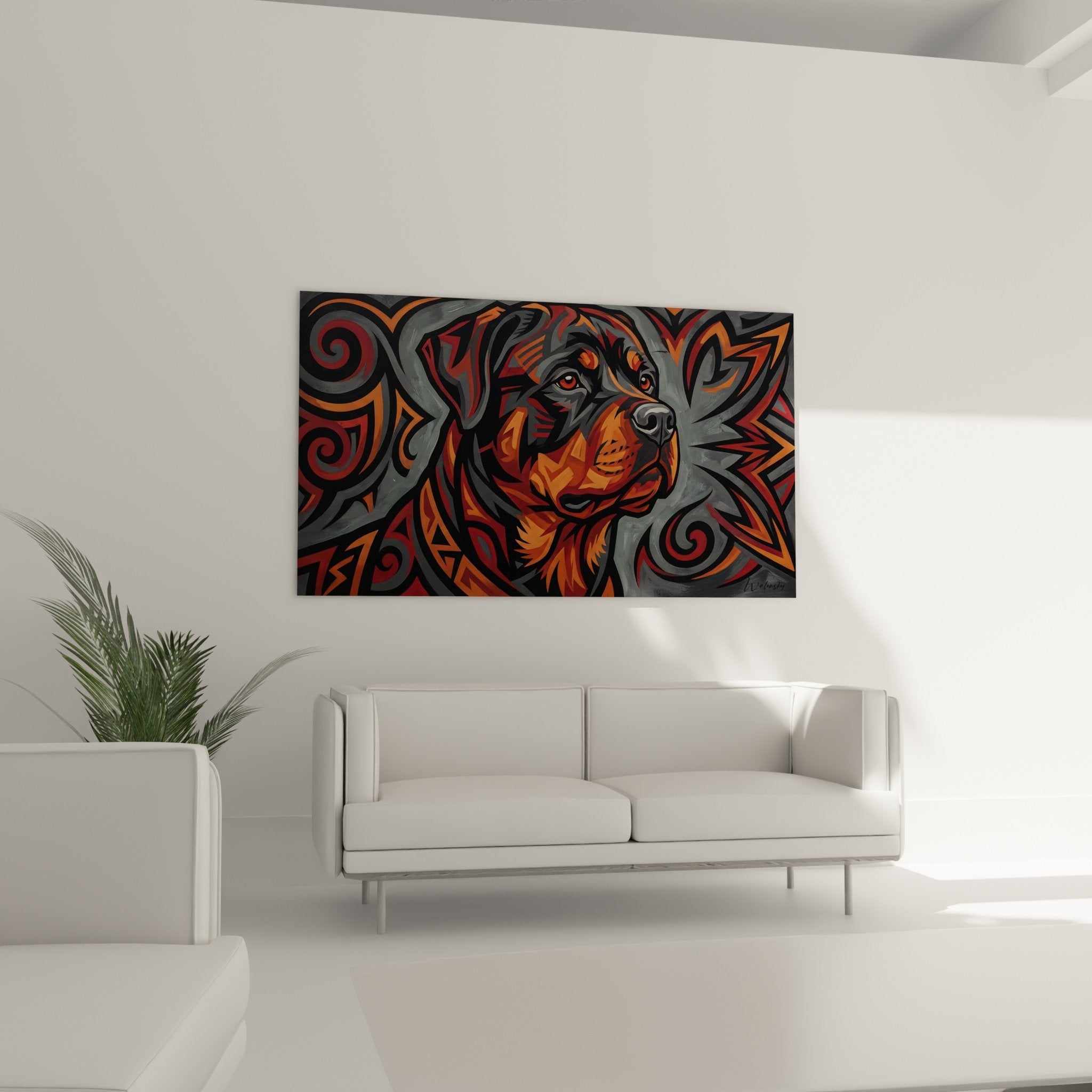 detail portrait rottweiler yeux rouges spirales geometriques orange cuivre