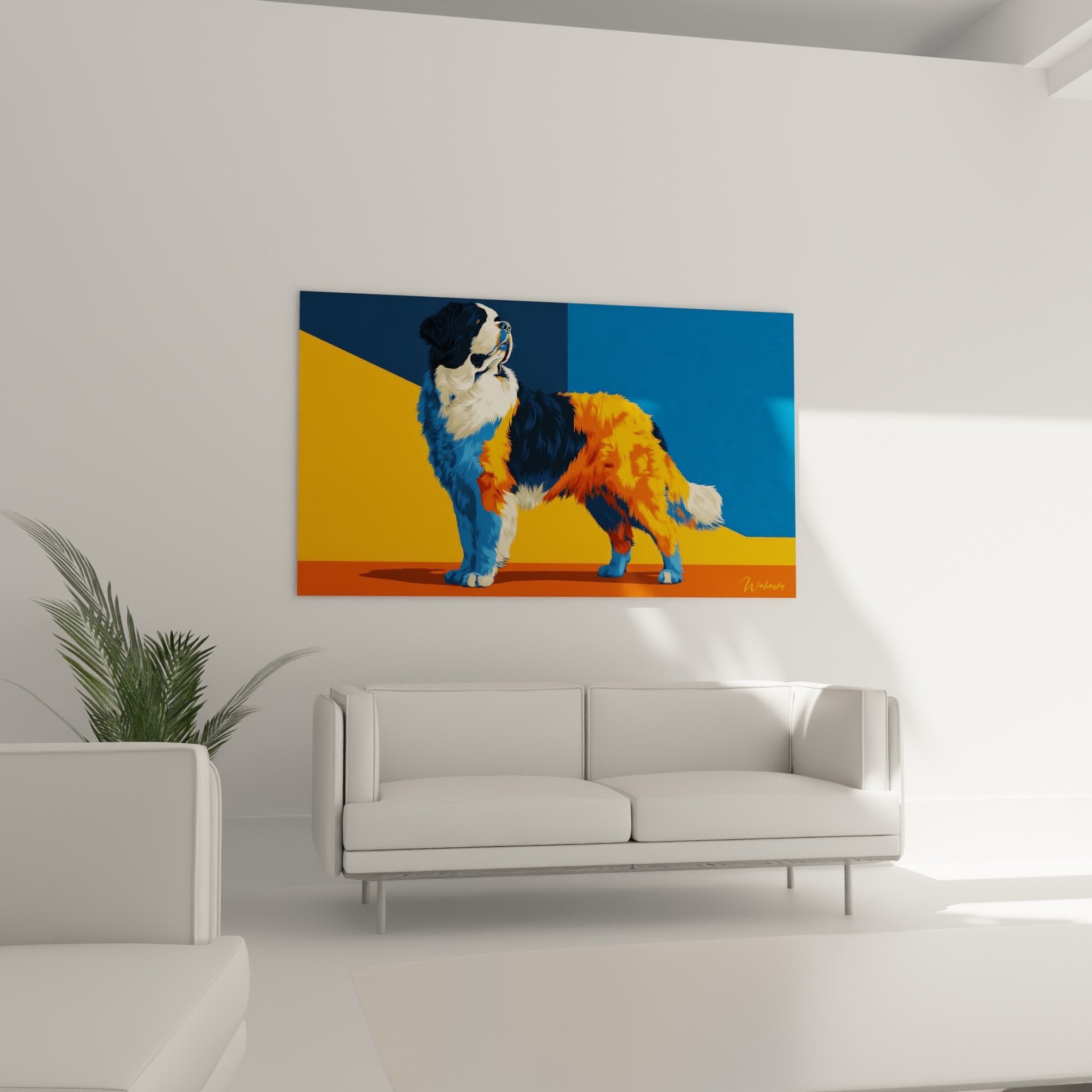 Detailporträt des Heiligen Bernhards in leuchtenden Farben, moderne Maltechnik, blaues, orangefarbenes und weißes Fell