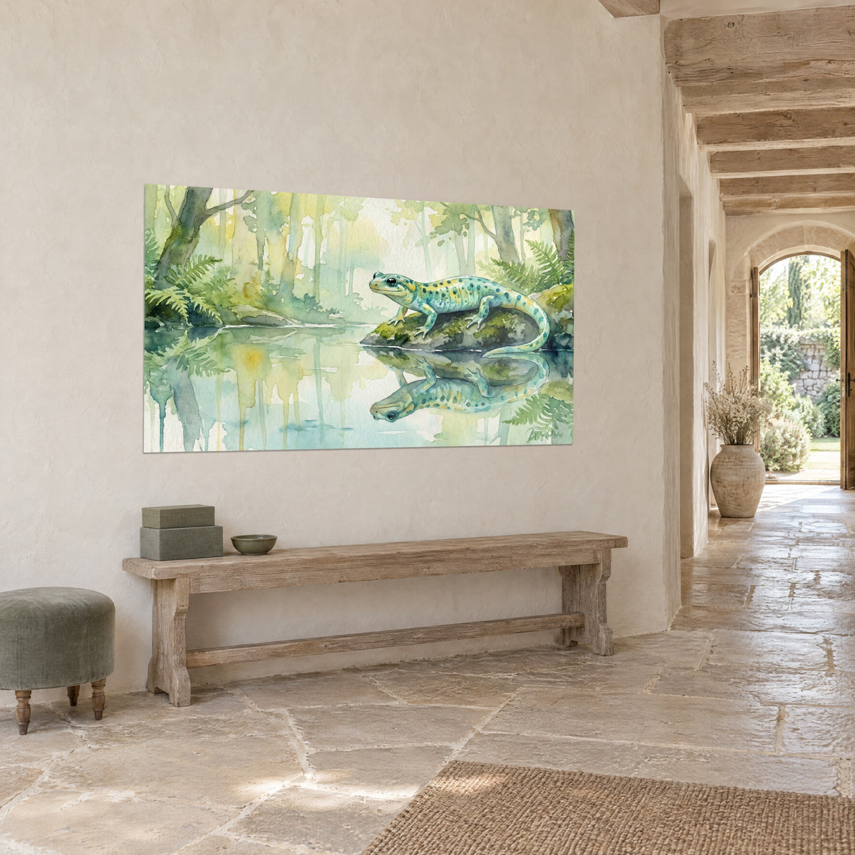 Wall art blue-green amphibian with teal dots perched on a moss-covered rock, tender ferns, three-quarter view in a stone corridor