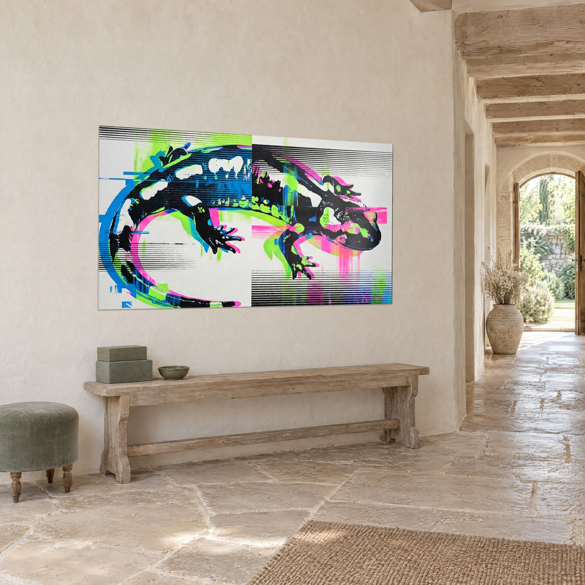 Wall art ink silhouette amphibian on a cream background, cyan blue and neon pink glitch, vaulted stone corridor of a country house