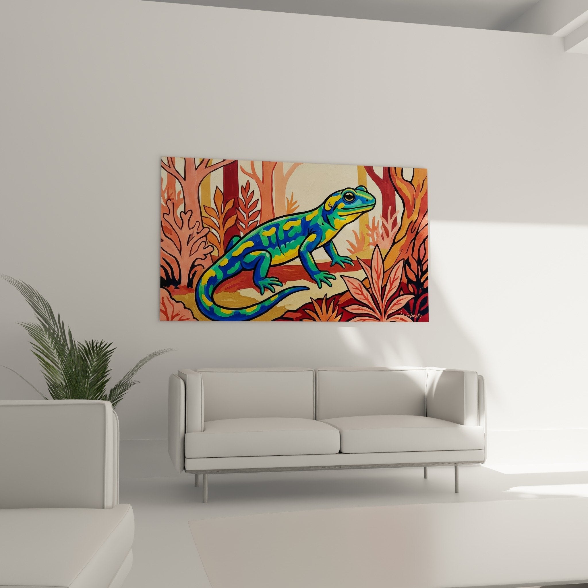 Salamander-Detail mit farbenfrohen Mustern in Türkis, Smaragdgrün und Gelb im Pop-Art-Stil