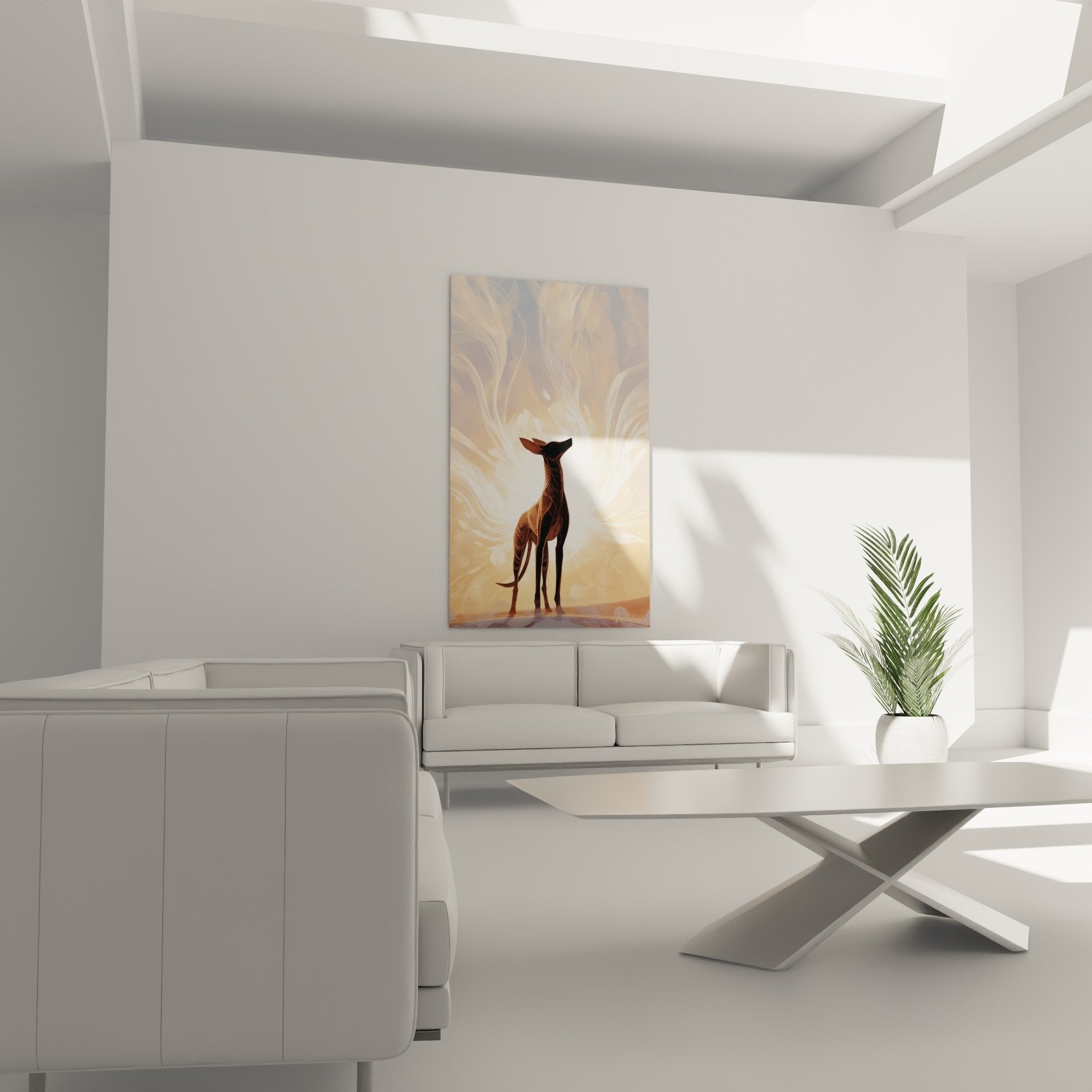 Detail du tableau saluki montrant les nuances dorees et la silhouette elegante du levrier en contre jour